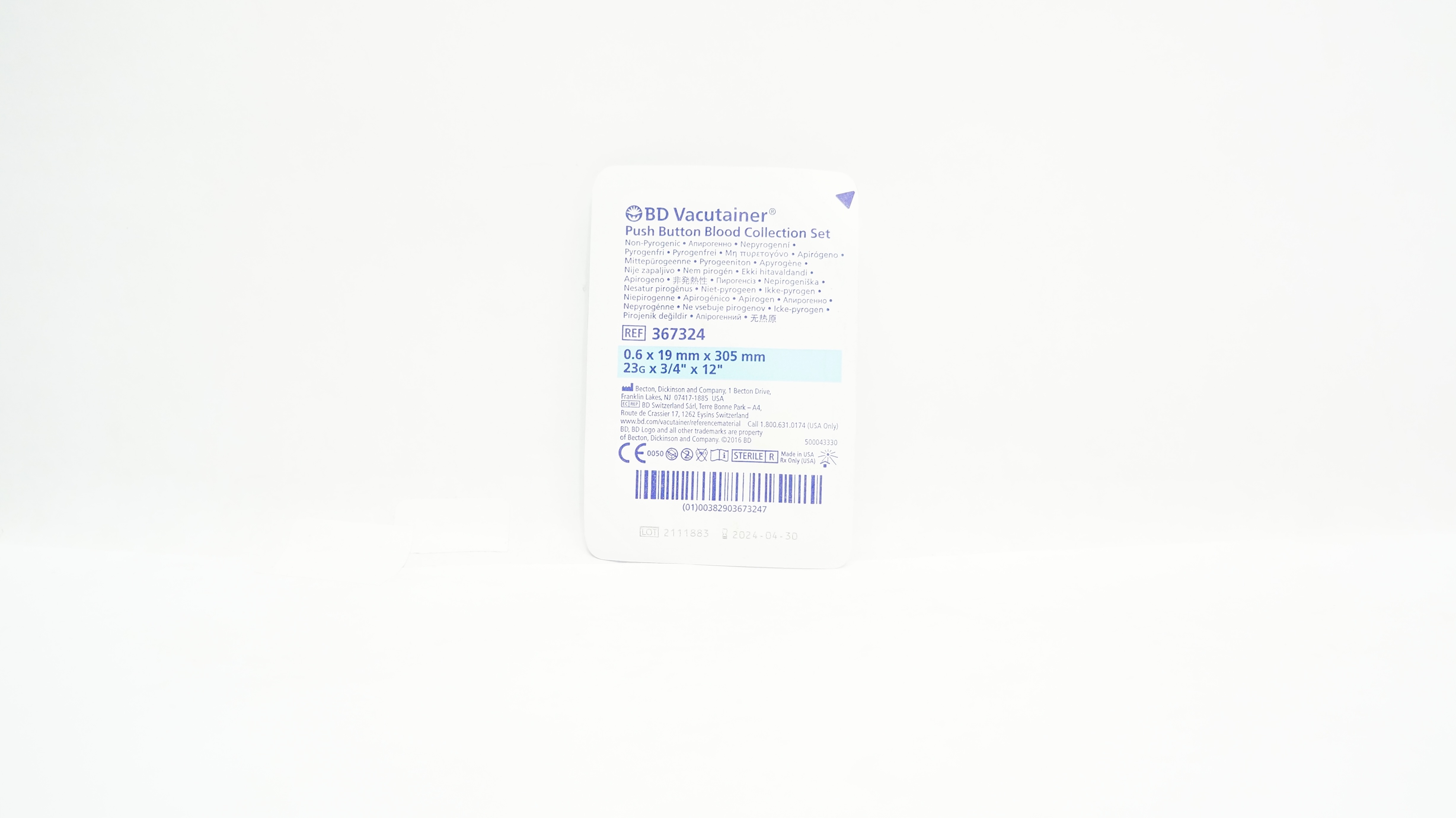 BD 367324 Vacutainer Push Button Blood Collection Set 23G x 3/4inch x 12inch
