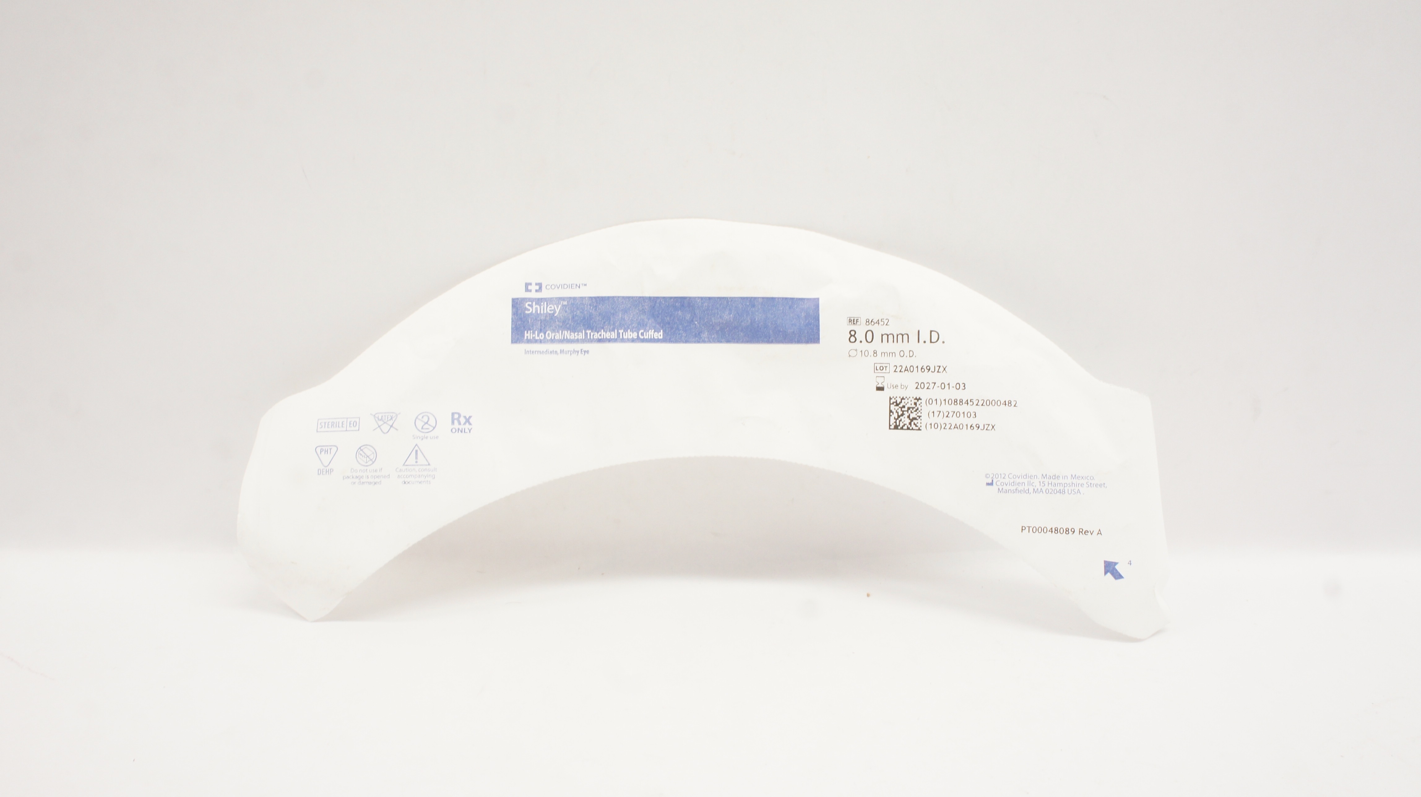 Covidien 86452 Shiley Hi-Lo Oral/Nasal Tracheal Tube Cuffed 8.0mm ID x 10.8mm OD