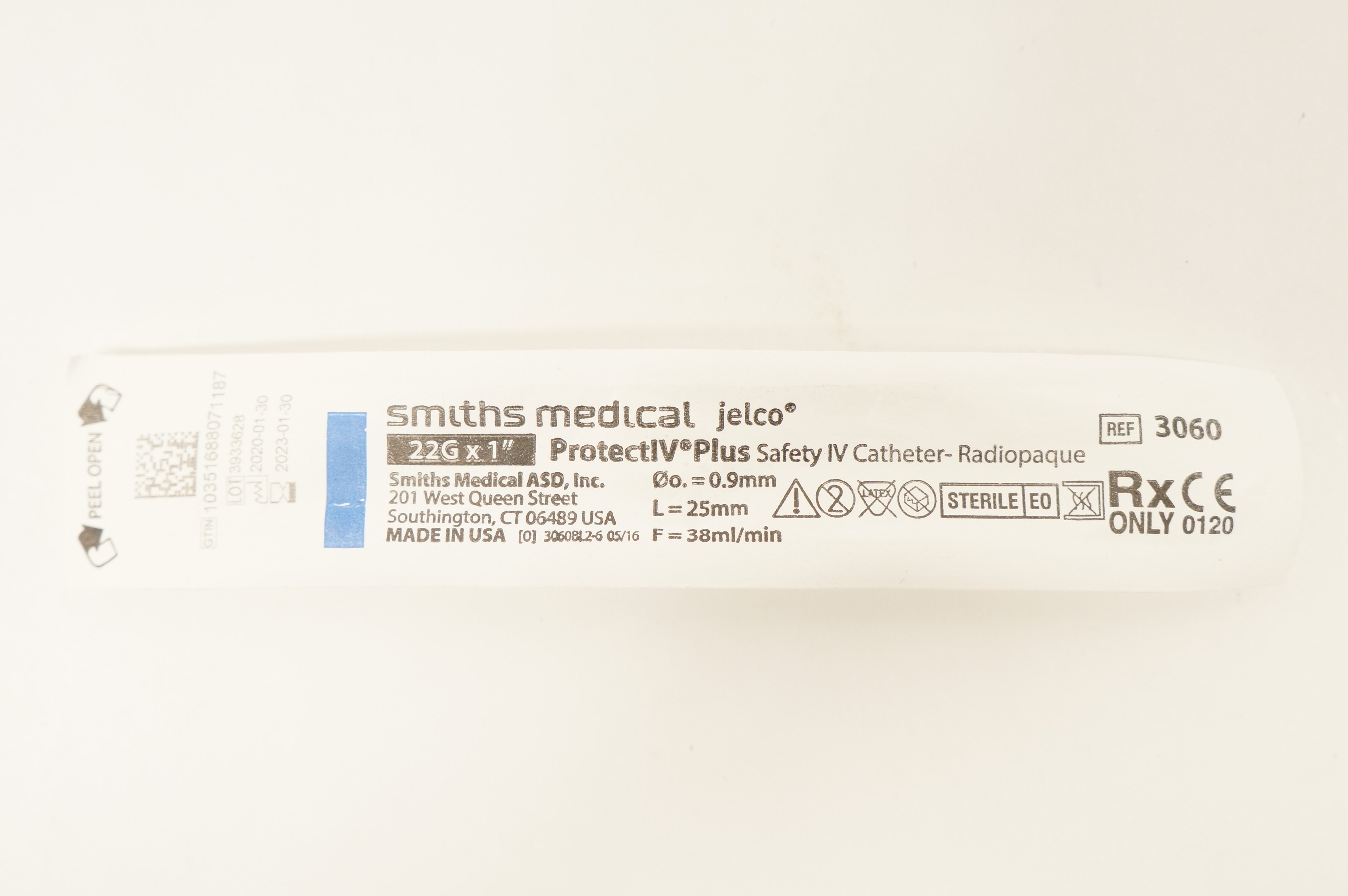 Smiths Medical 3060 Jelco ProtectIV Plus Safety Cath. 22G x 1inch 38ml/min
