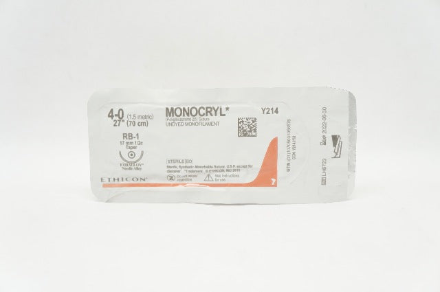 Ethicon Y214 4-0 MONOCRYL Undyed Monofilament PB-1 17mm 1/2c Taper, 27inch (x)