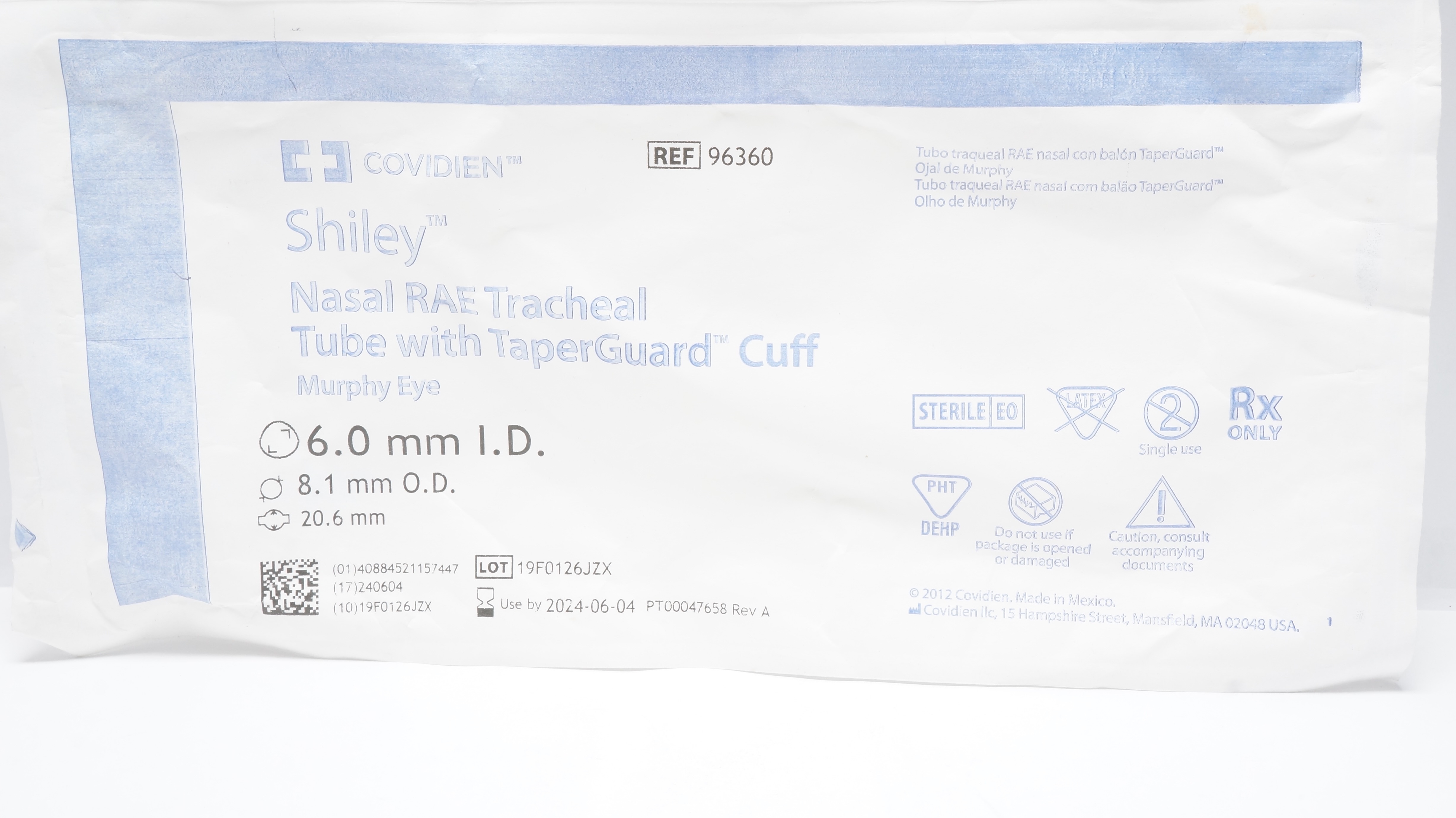 Covidien 96360 Shiley Nasal RAE Tracheal Tube w/Cuff 6.0ID x 8.1OD x 20.6mm (x)