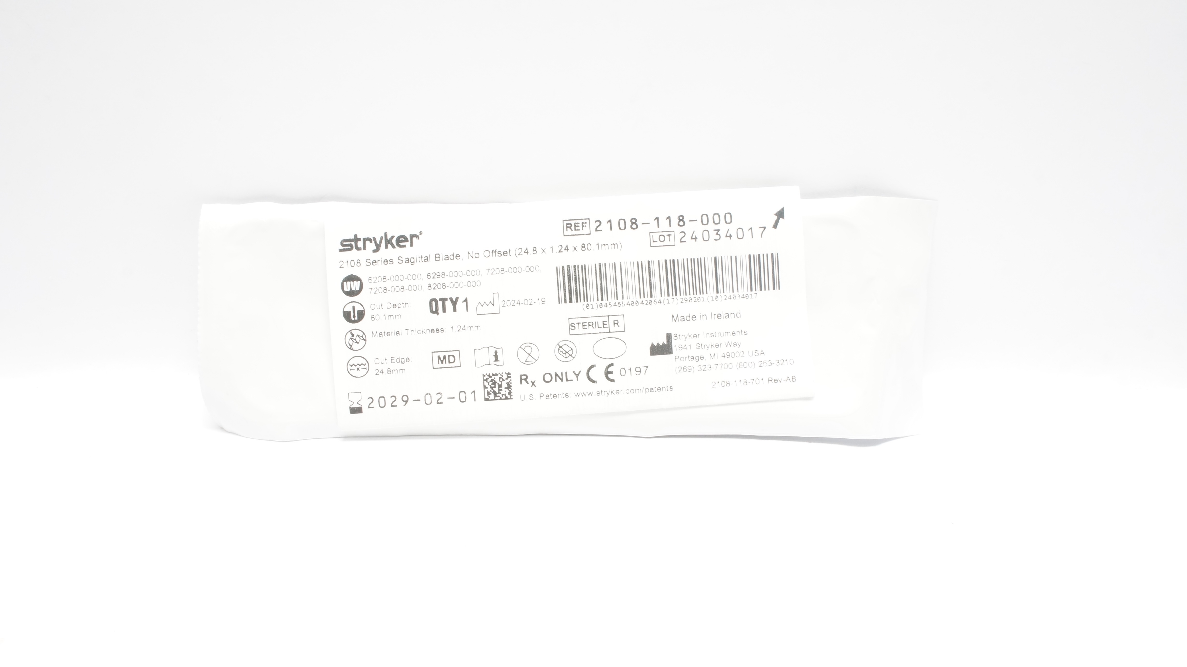 Stryker 2108-118-000 Sagittal Blade Thick No Offset 24.8mm x 1.24mm x 80.1mm