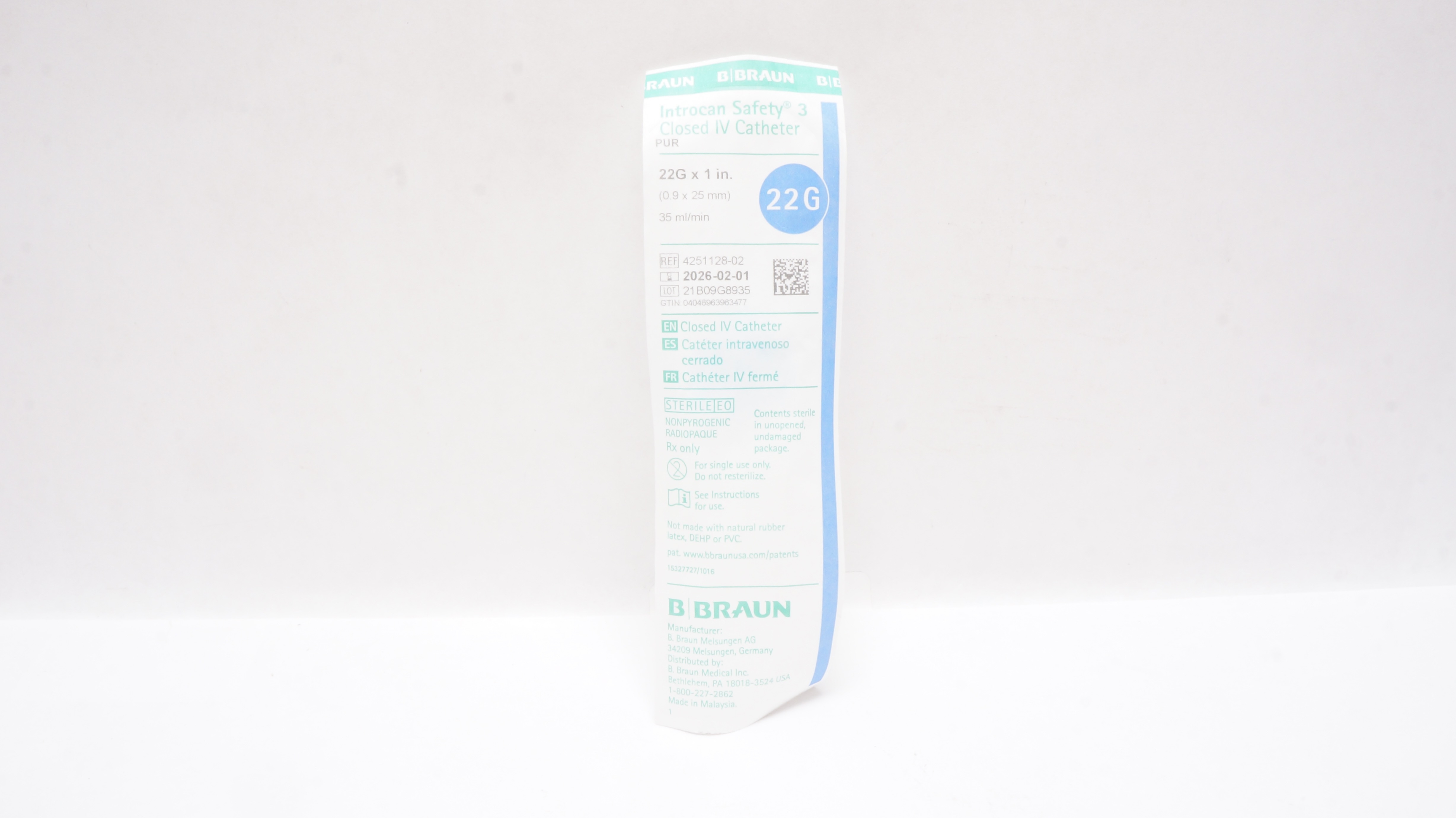 B.Braun 4251128-02 Introcan Safety 3 Closed IV Cath. 22G x 1inch x 35ml/min
