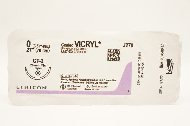 Ethicon J270 0 Coated VICRYL Undyed Braided,CT-2 26mm 1/2c Taper, 27inch