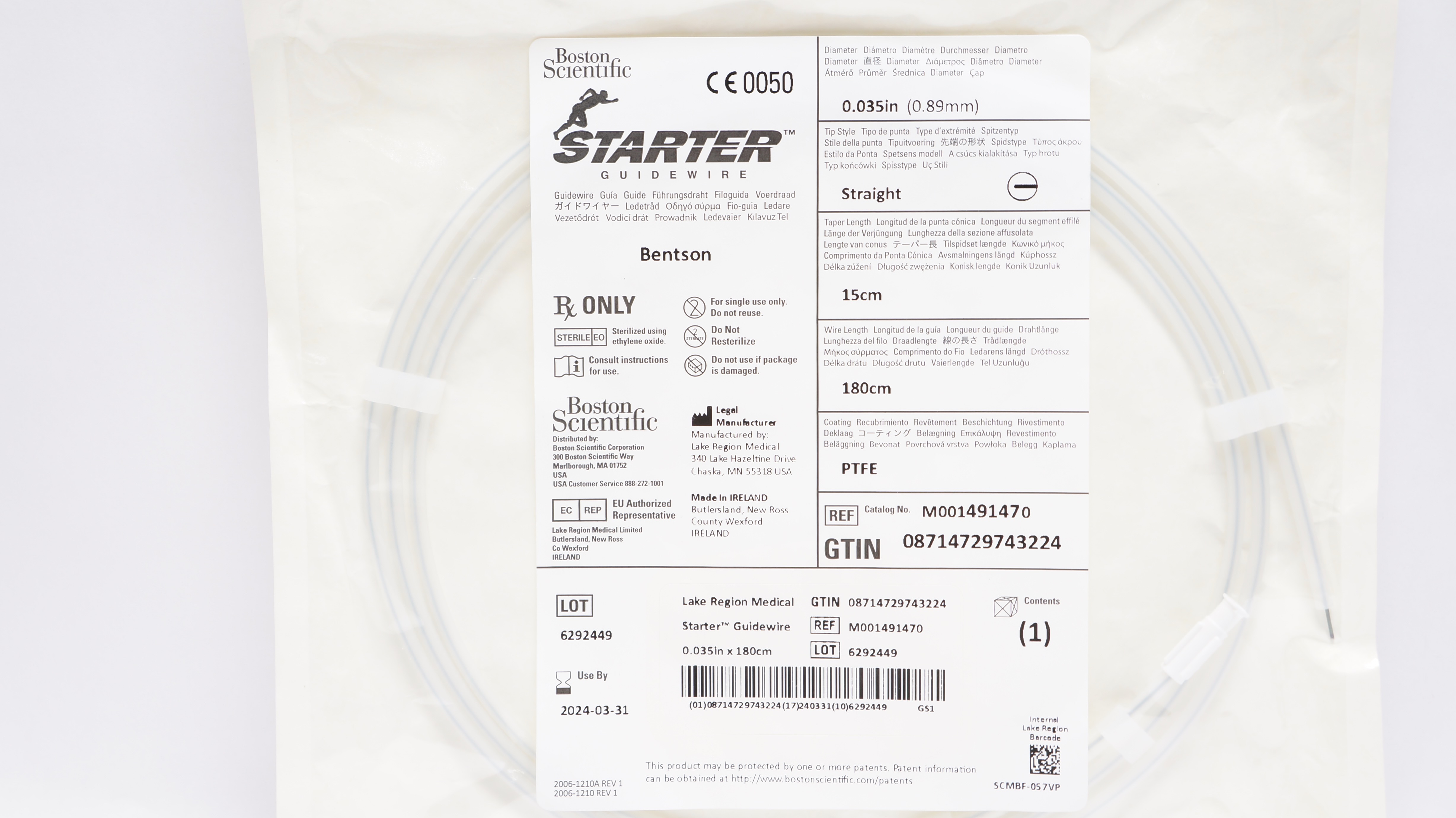 Boston Scientific M001491470 Starter PTFE Guidewire 0.035inch x 180cm x