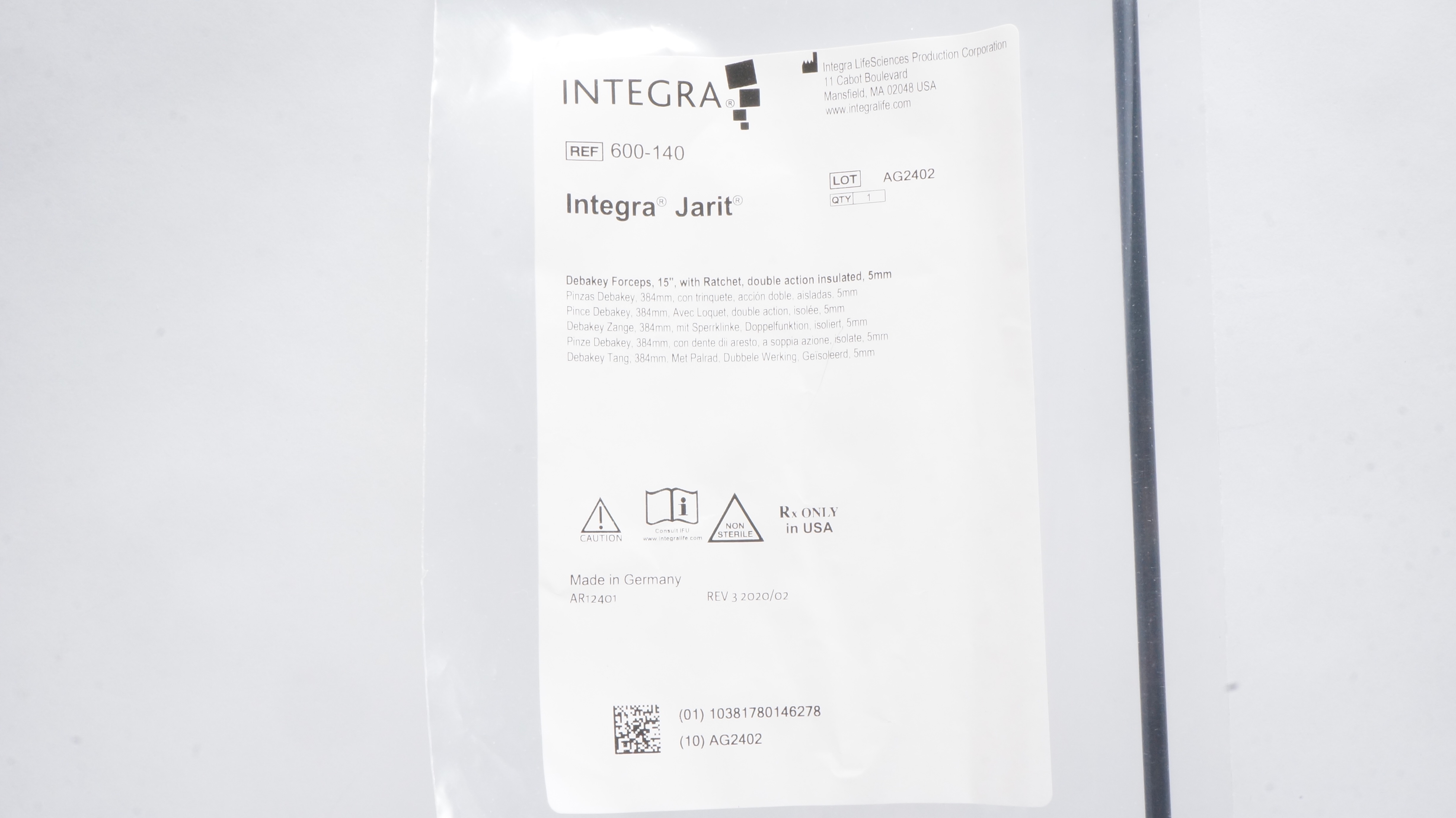 Integra 600140 Jarit Debakey Forceps 15inch W/Double Action Insulated 5mm