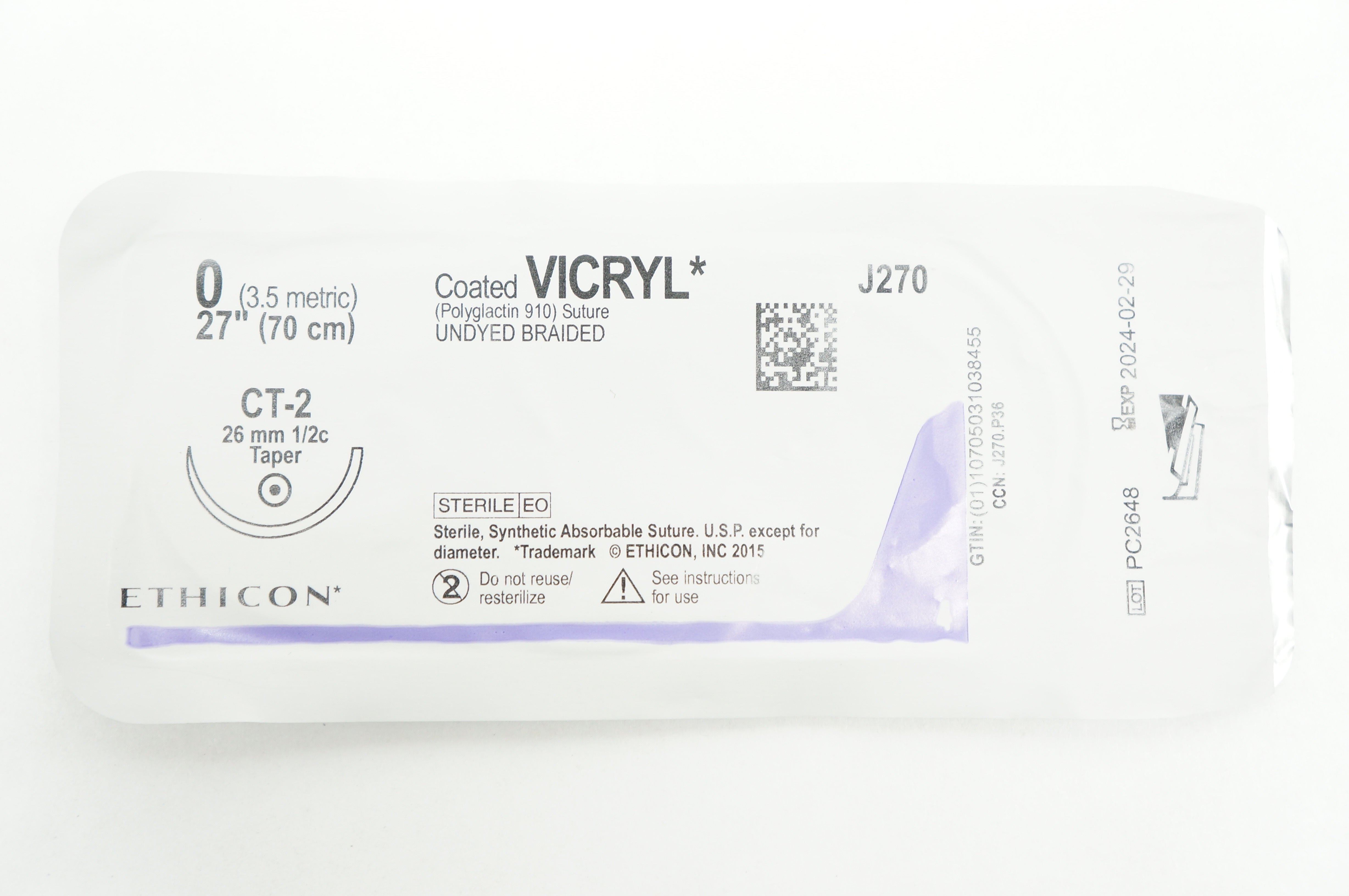 Ethicon J270 0 VICRYL CT-2 26mm 1/2c Taper 27inch