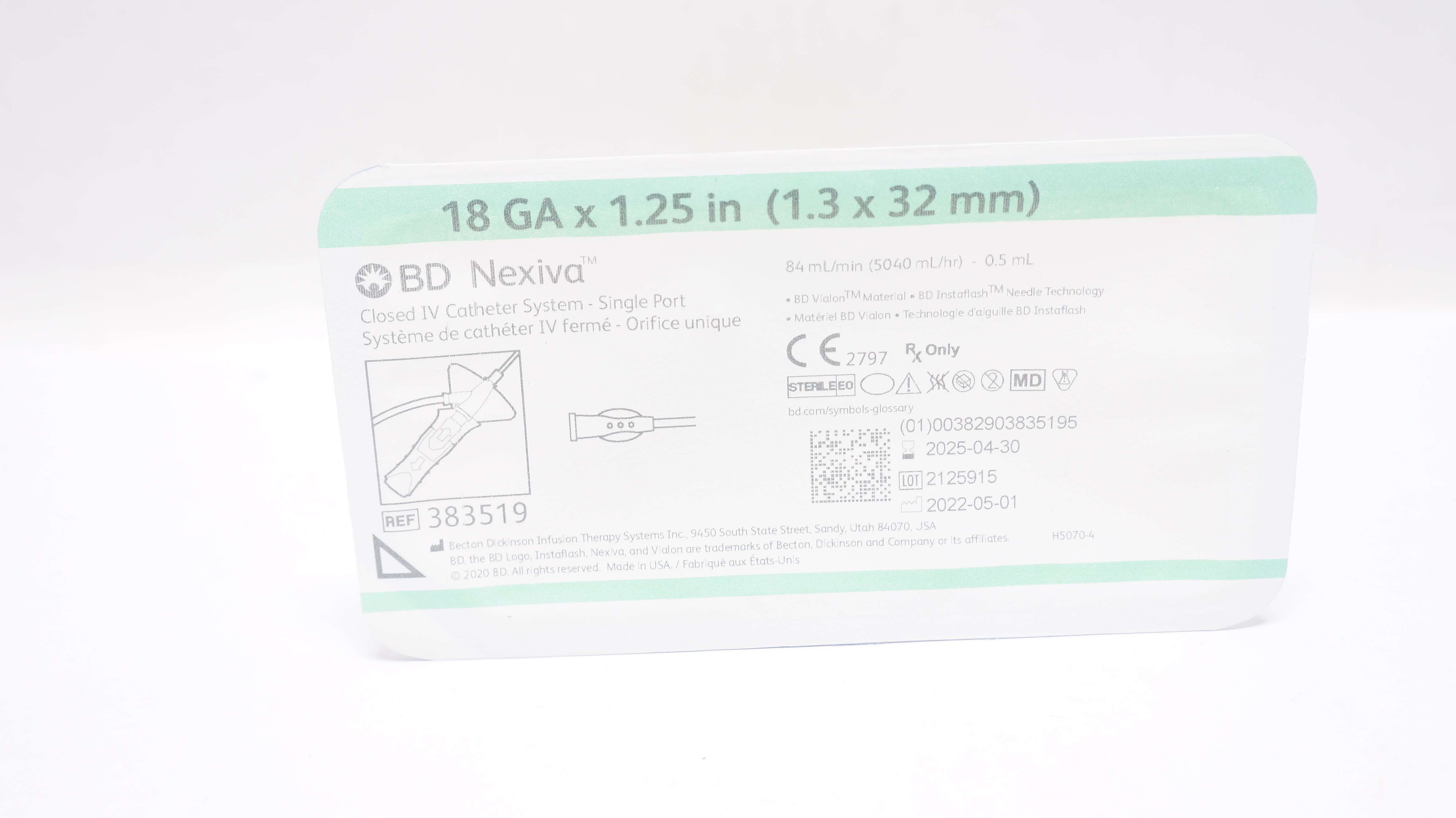 BD 383519 Nexiva Closed IV Cath. System - Single Port 18Ga x 1.25inch 0.5mL