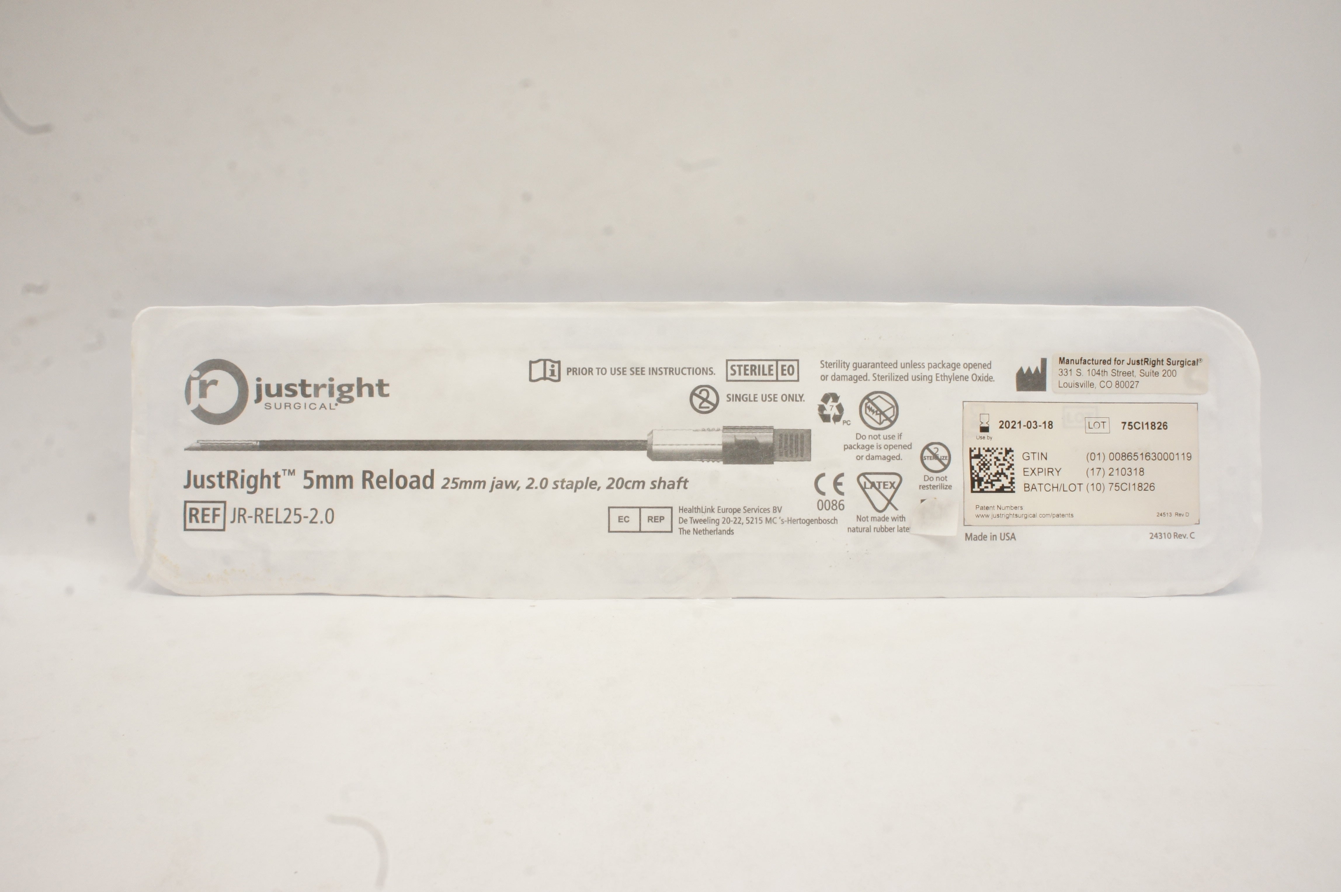 JustRight JR-REL25-2.0 5mm Reload 25mm Jaw 2.0 Staple, 20cm Shaft (x)
