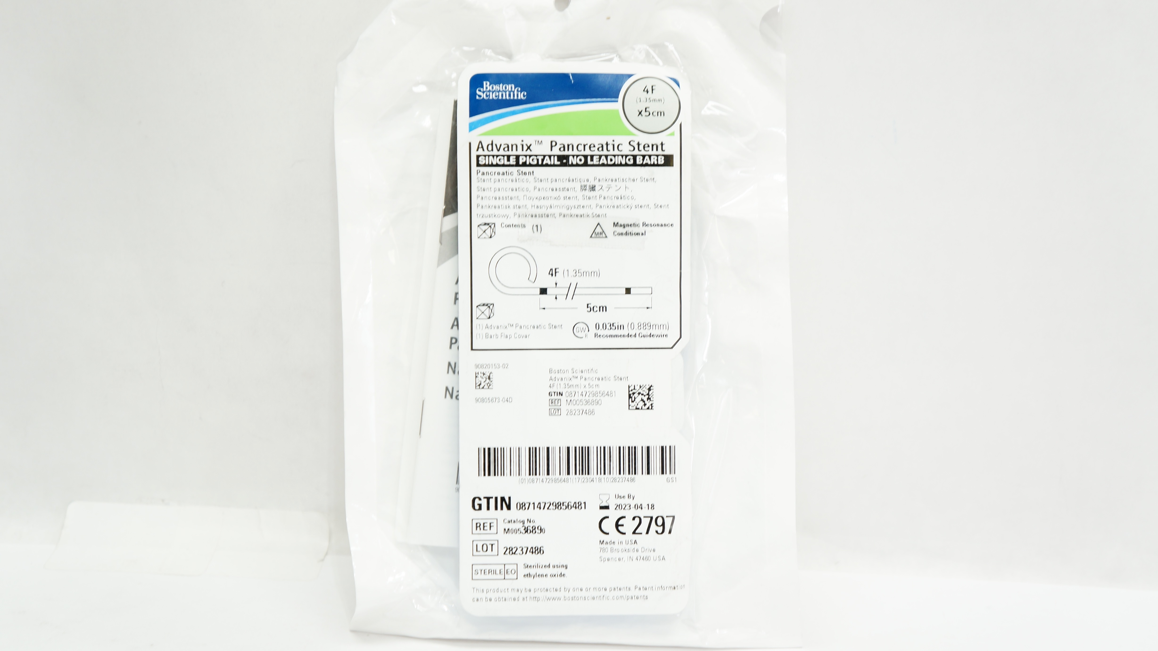 Boston Scientific M00536890 Advanix Single Pigtail Pancreatic Stnt 4F x 5cm (x)
