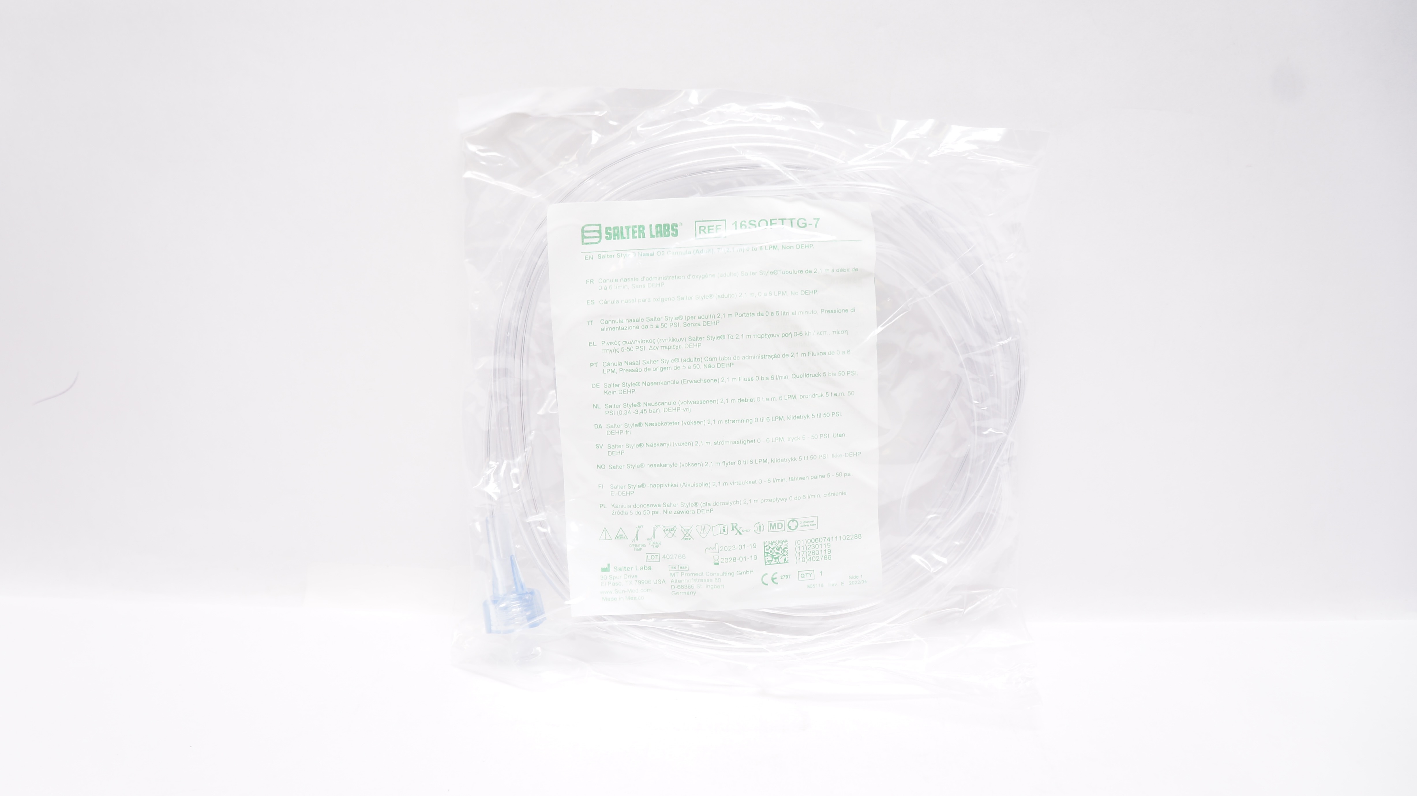 Salter Labs 16SOFTTG-7 Nasal O2 Cannula Adult 7ft. 0 to 6 LPM Non-DEHP