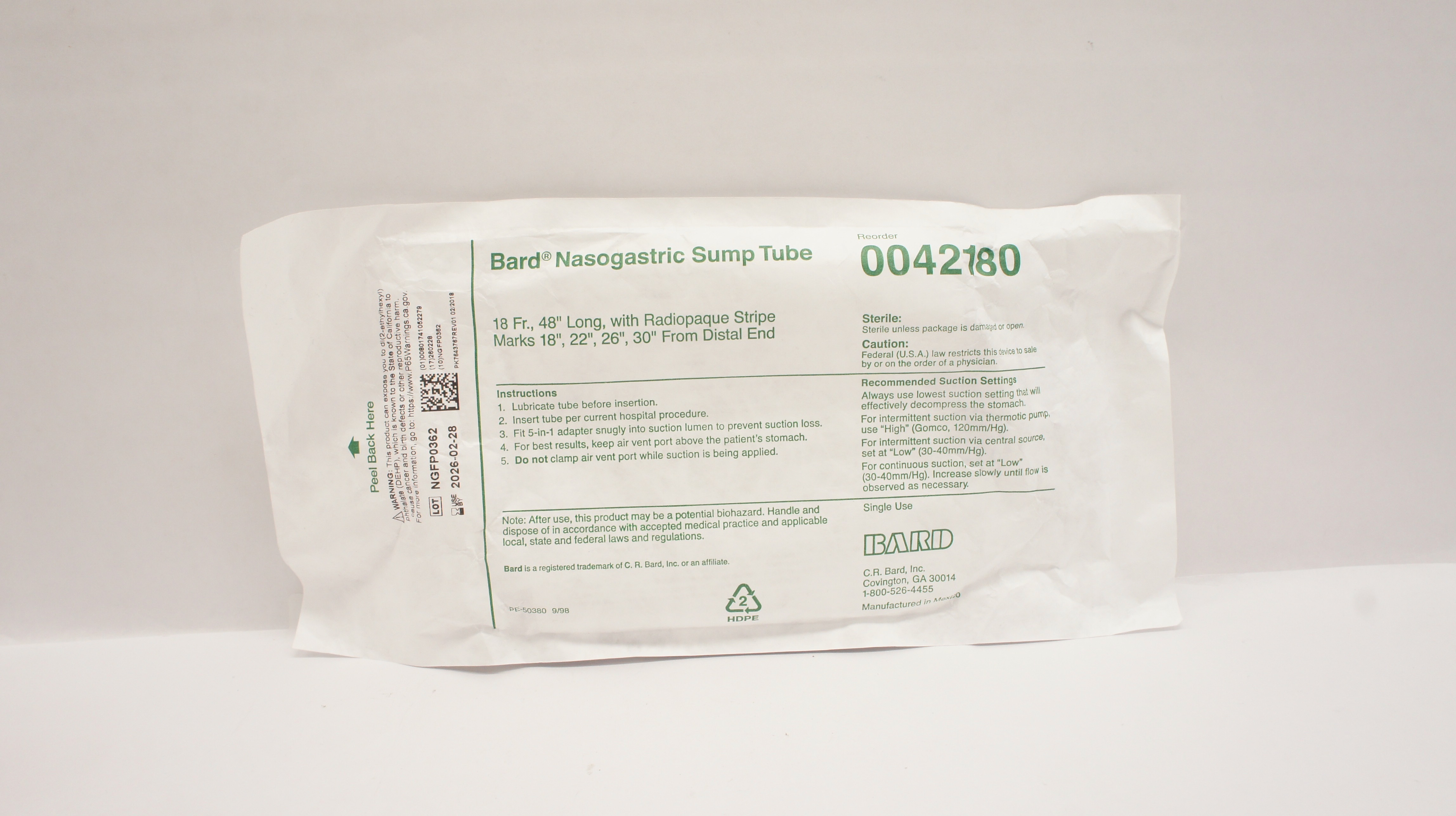 Bard 0042180 Nasogastric Sump Tube 18Fr. x 48Inch