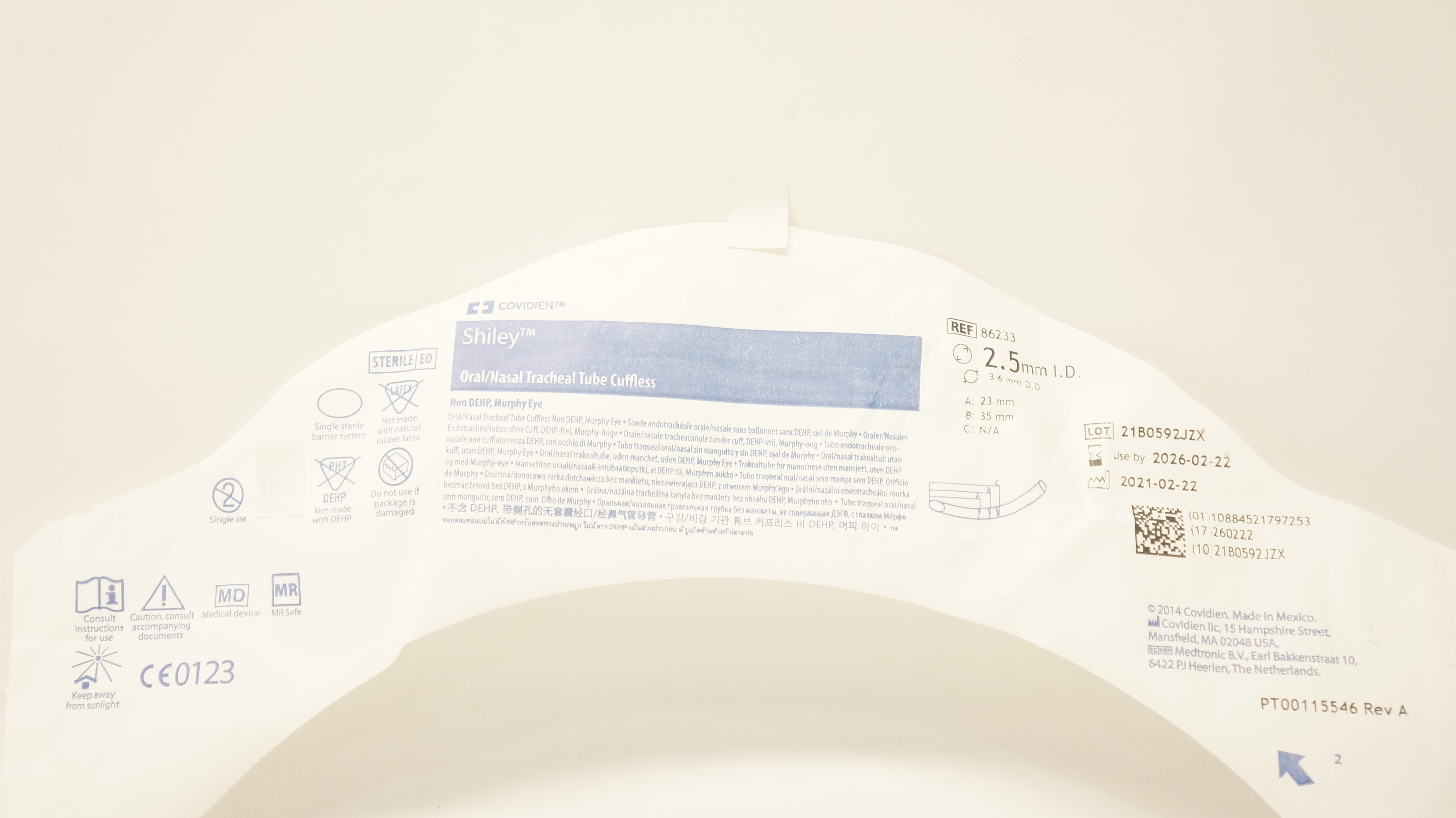 Covidien 86233 Shiley Oral/Nasal Tracheal Tube Cuffless 2.5mm I.D. x 3.6mm O.D.