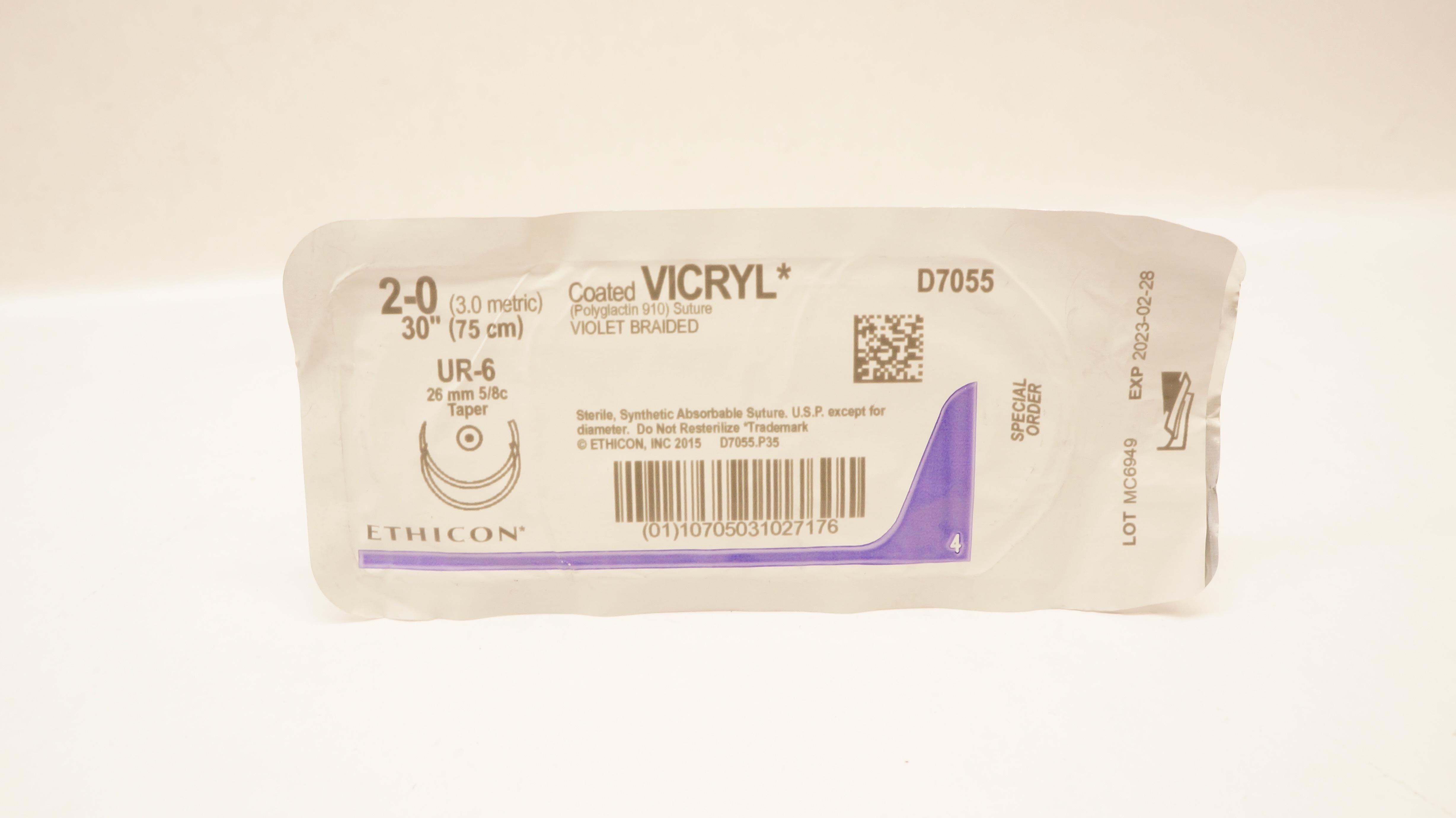 Ethicon D7055 2-0 Coated Vicryl  Polyglactin Stre UR-6 26mm 5/8c Taper 30 in (x)