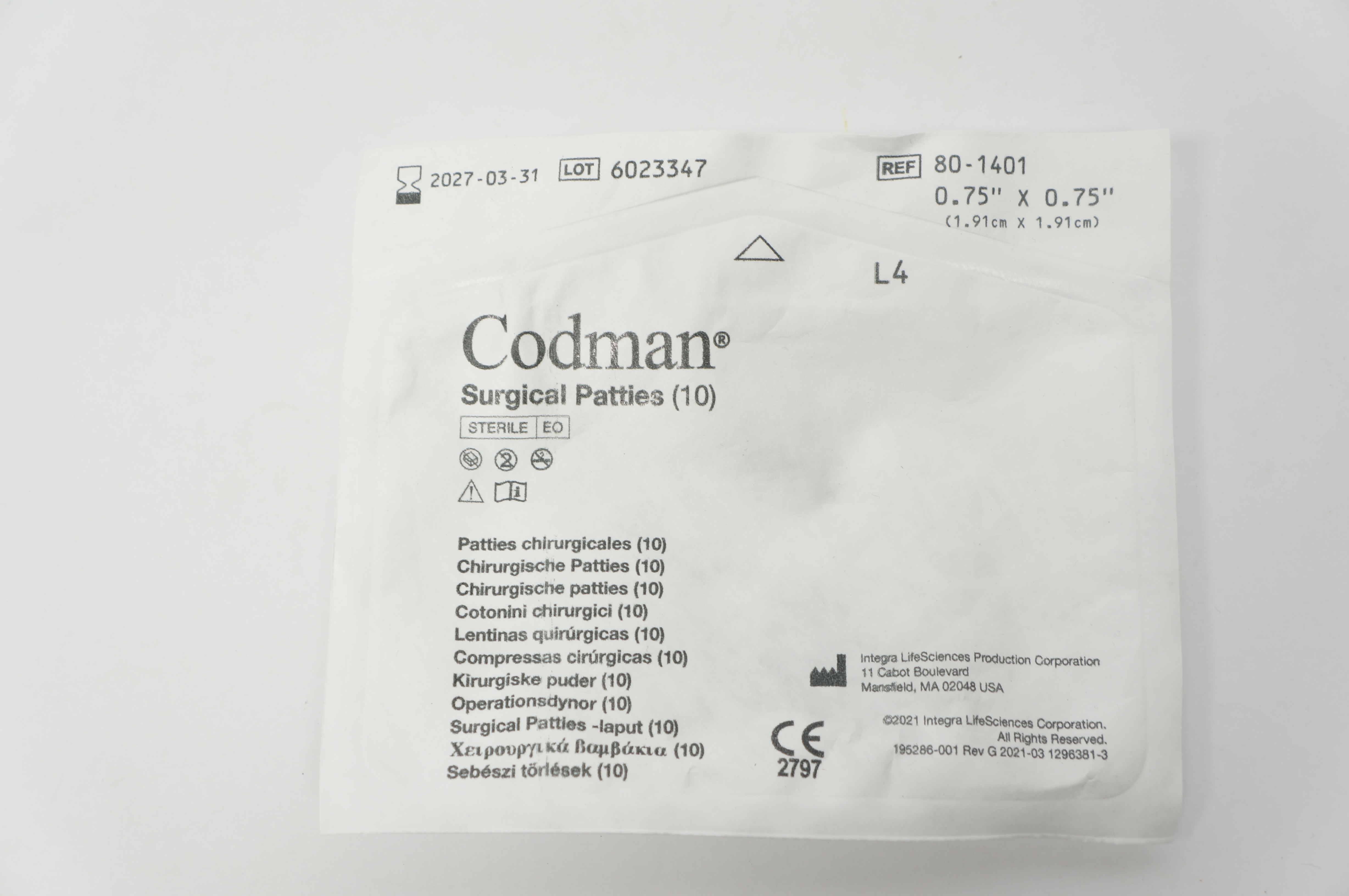 Codman 801401 Surgical Patties 0.75 x 0.75 inch Pack of 10