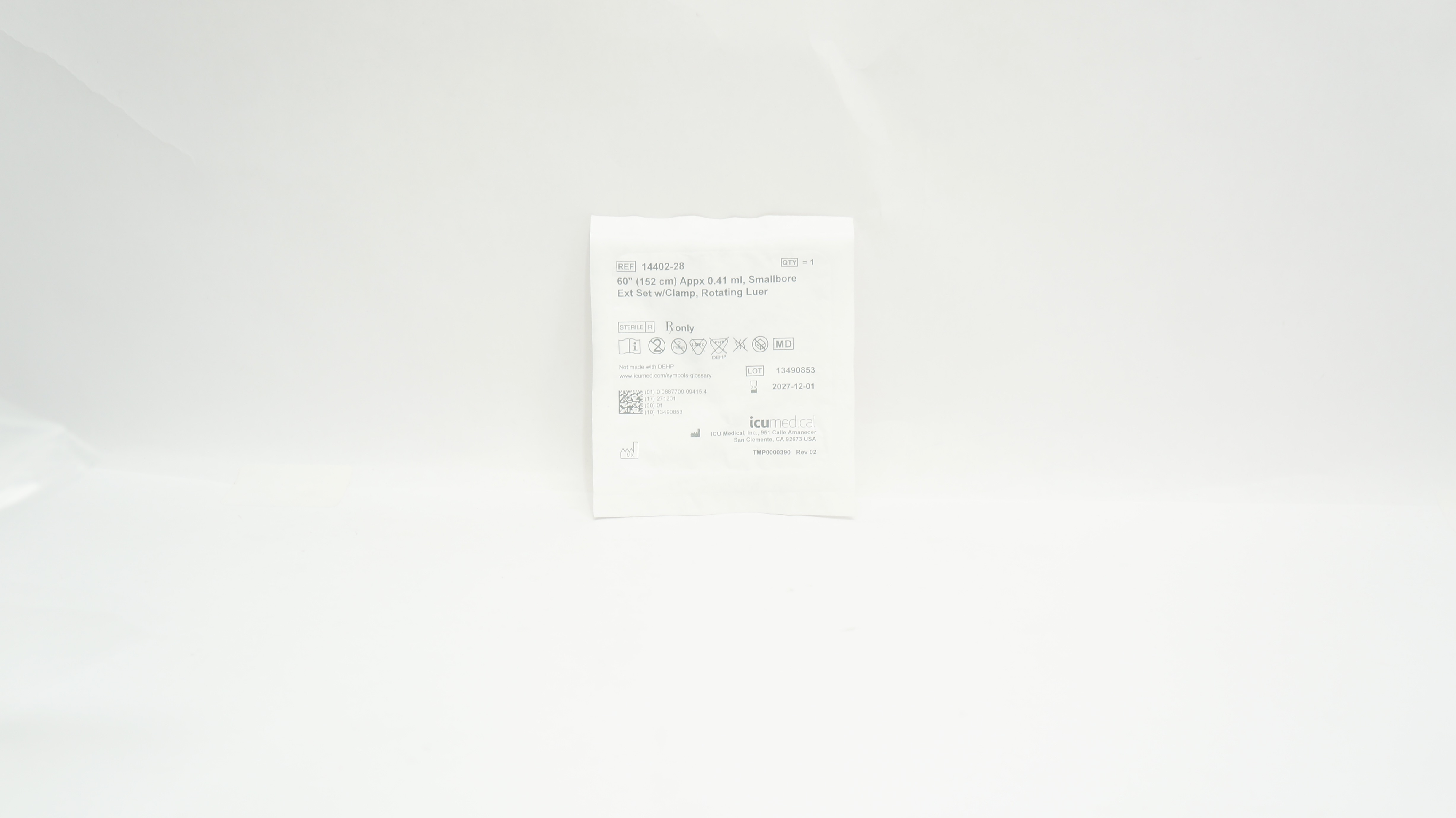 ICU Medical 14402-28 Smallbore Extension Set W/Clamp Rotating Luer 60inchx0.41mL