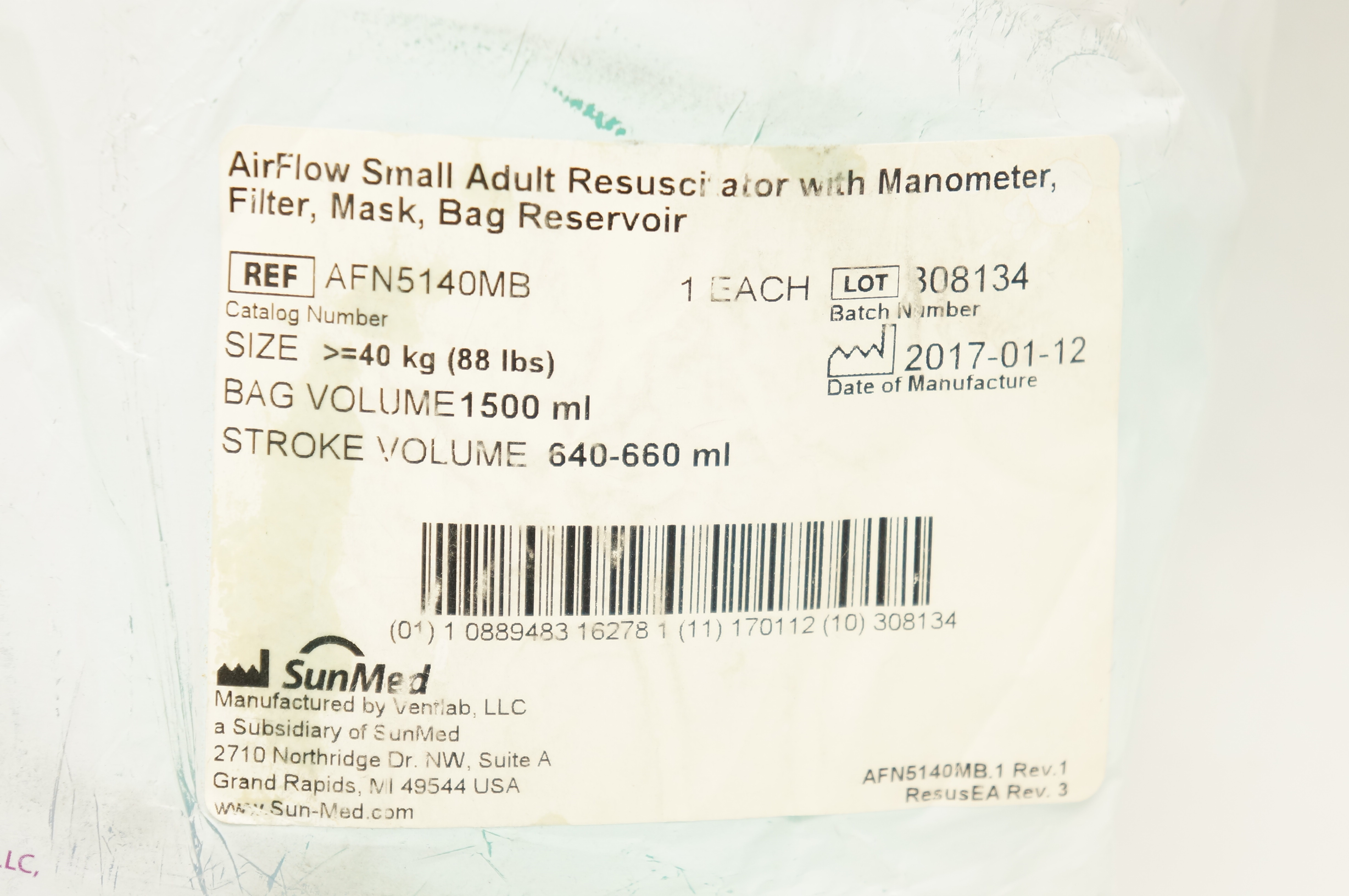 SunMed AFN5140MB AirFlow Small Adult Resusciator with Manometer, >=40kg x 1500ml