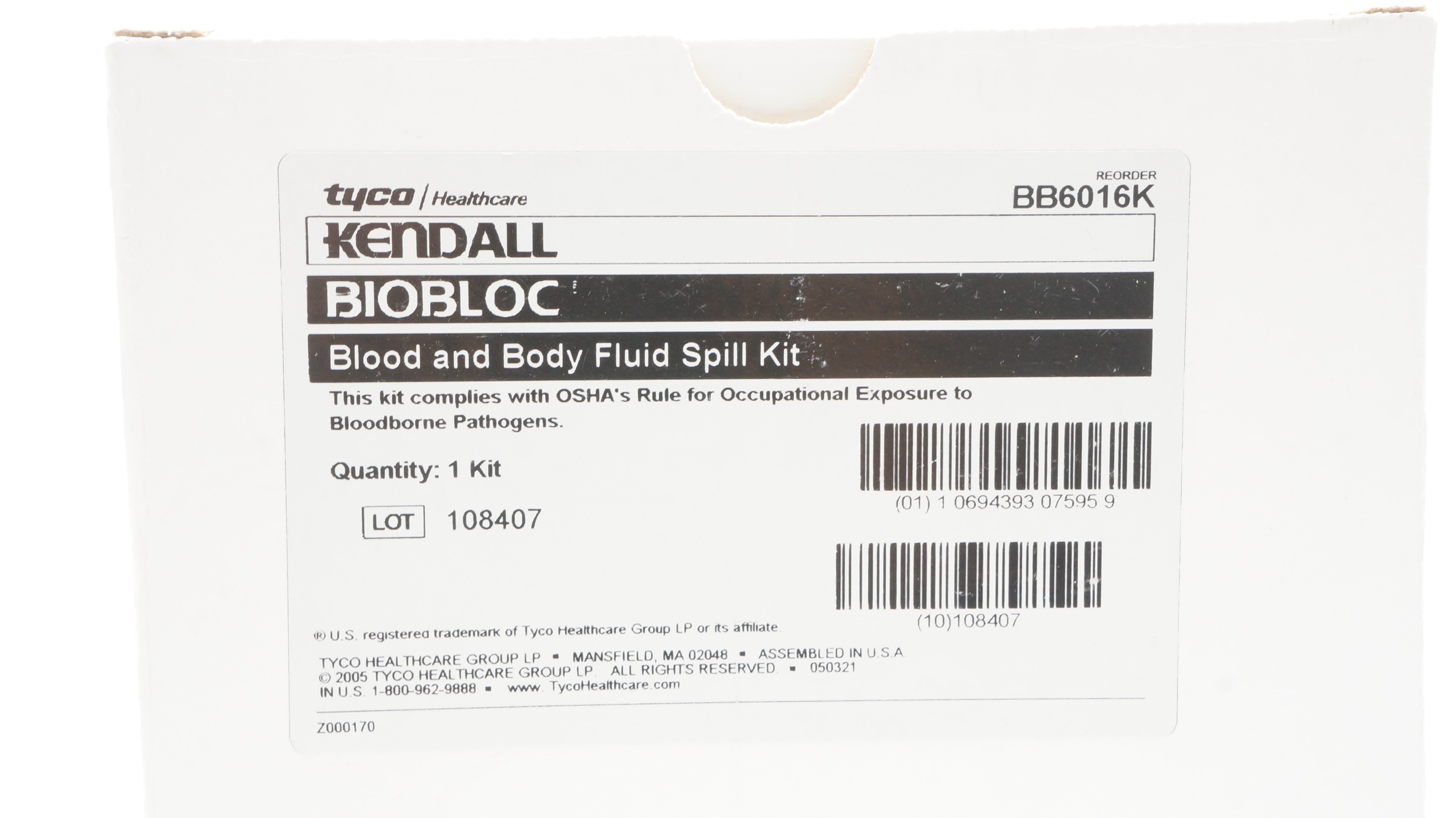 Tyco Healthcare BB6016K Kendall Biobloc Blood and Body Fluid Spill Kit
