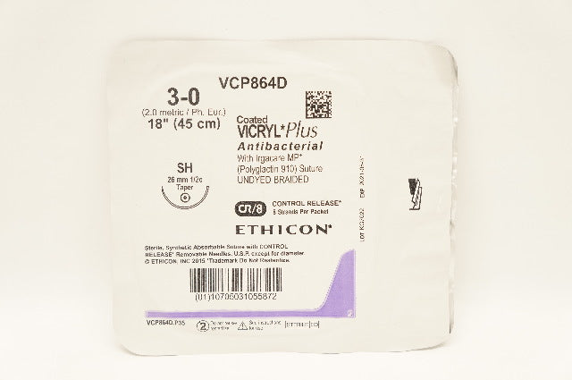 Ethicon VCP864D 3-0 Coated Vicryl Plus Polyglactin SH 26mm 1/2cTaper 18inch (x)