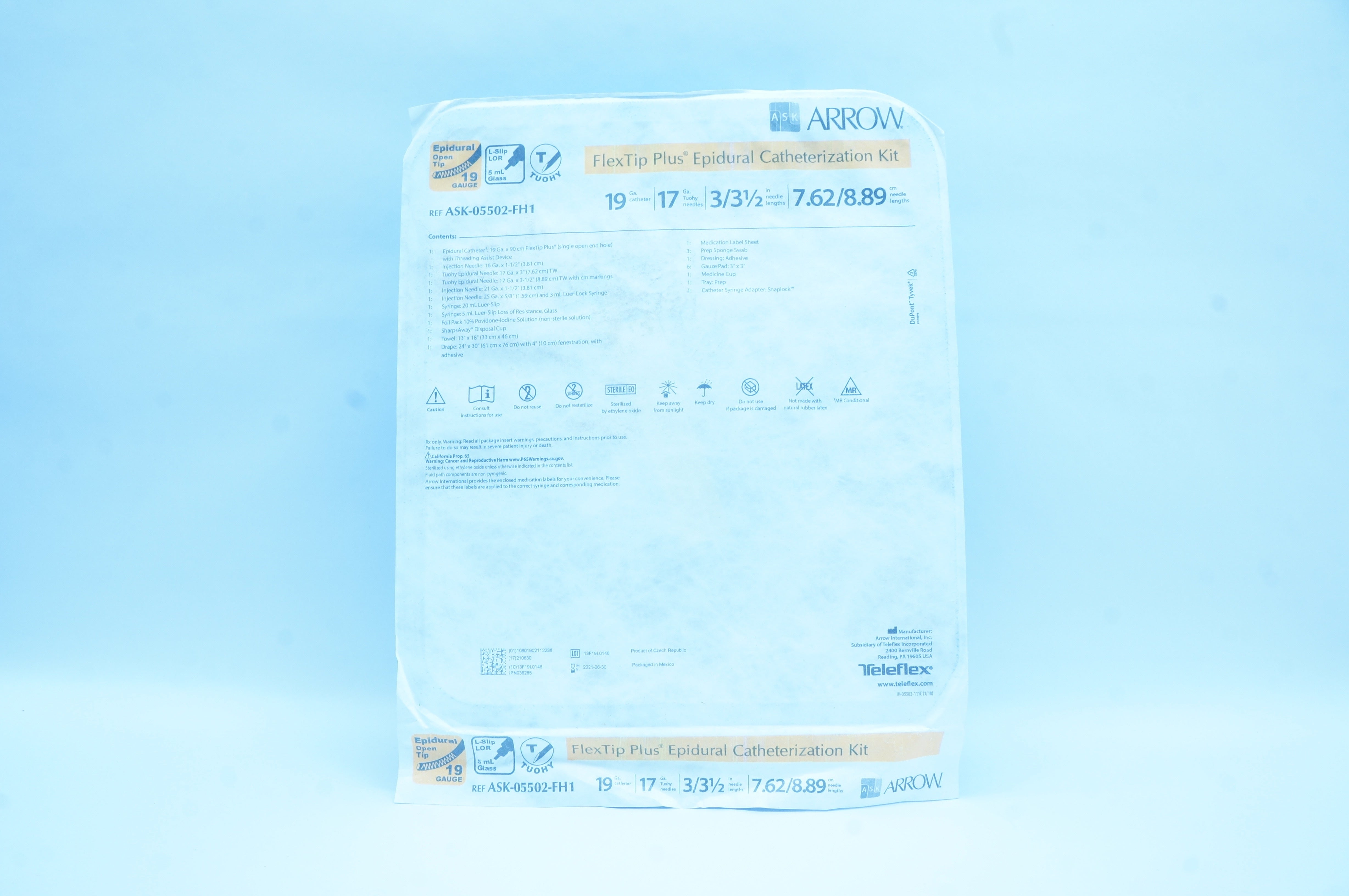 Arrow ASK-05502-FH1 Teleflex FlexTip Plus Epidural Cath. Kit 19Ga x 8.89cm