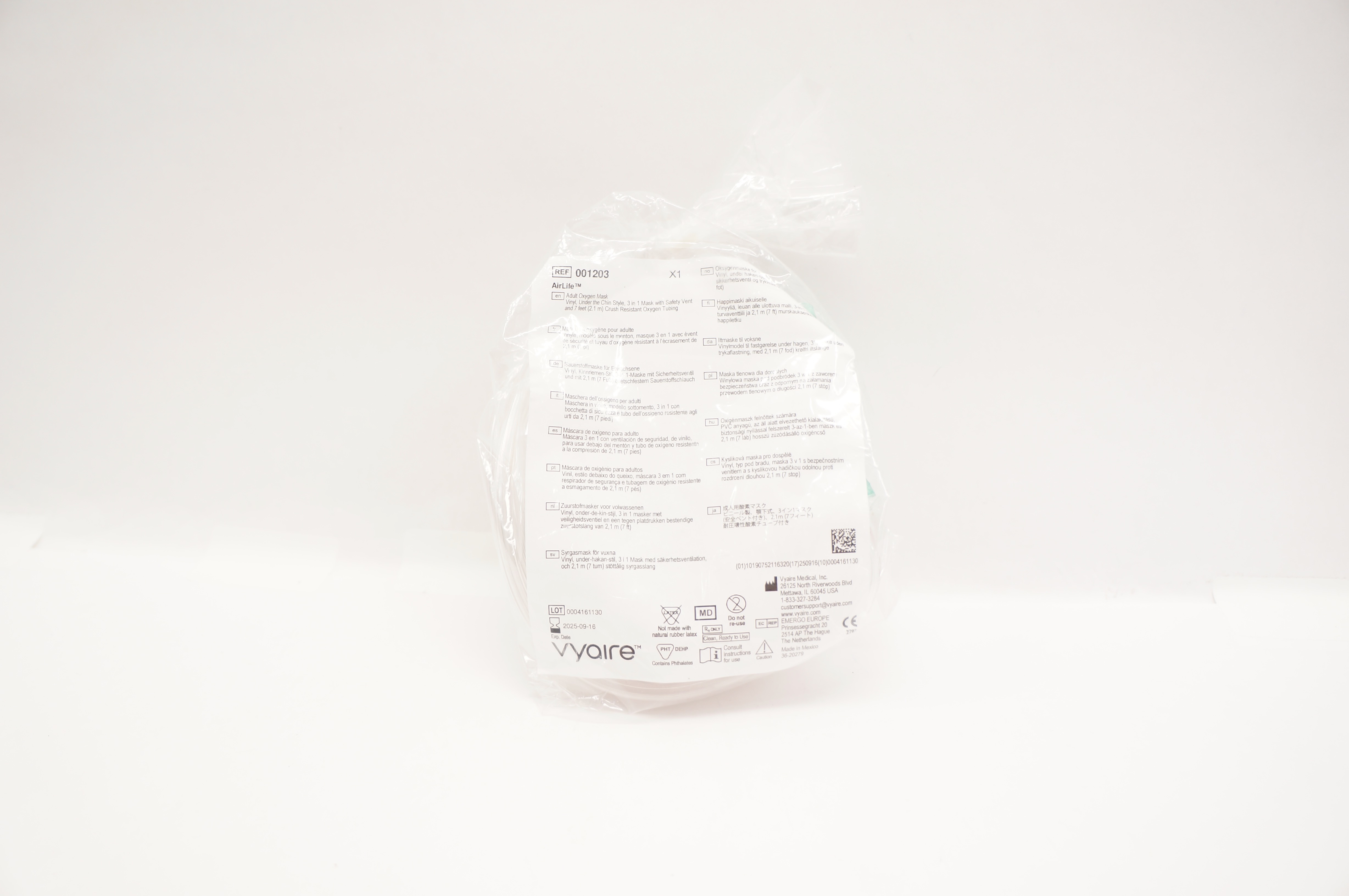 Vyaire 001203 AirLife Adult Oxygen Mask Vinyl w/Resistant Oxygen Tubing 7ft.