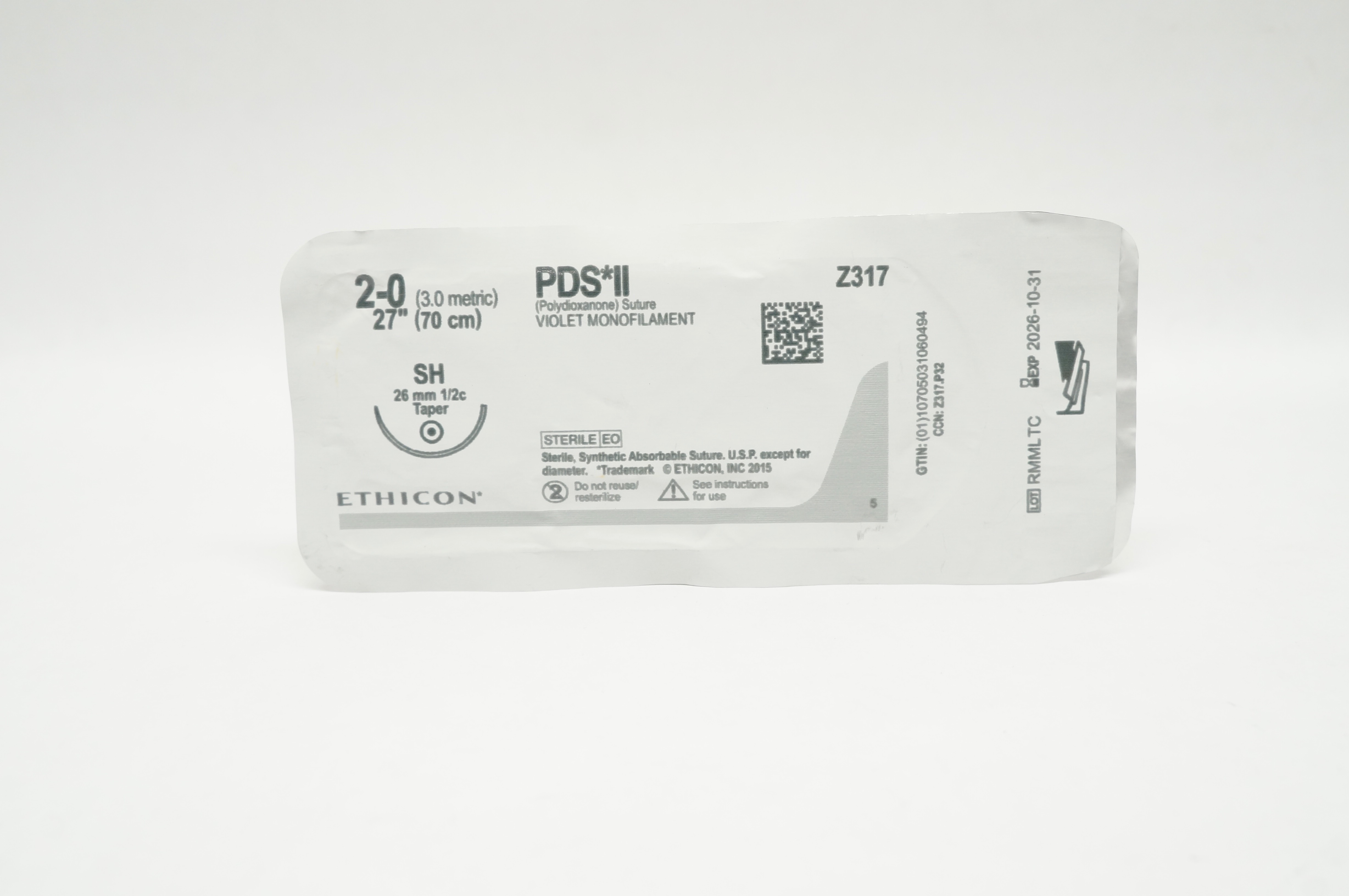Ethicon Z317 2-0 PDS II Polydioxanone Sterile Stre SH 26mm 1/2c Taper 27inch