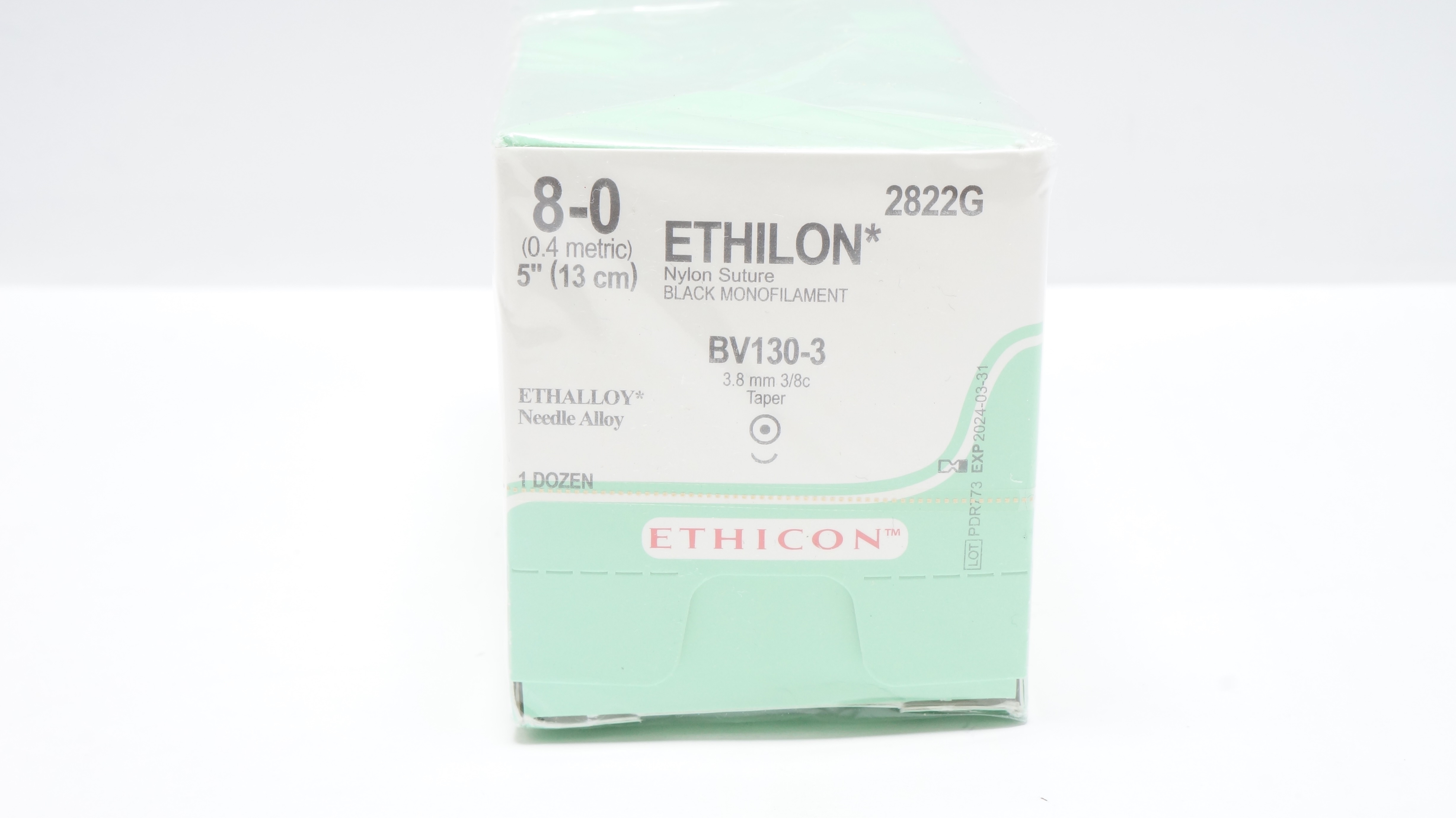 Ethicon 2822G 8-0 Ethilon Nylon Stre BV130-3 3.8mm 3/8c Taper (x) - Box of 12