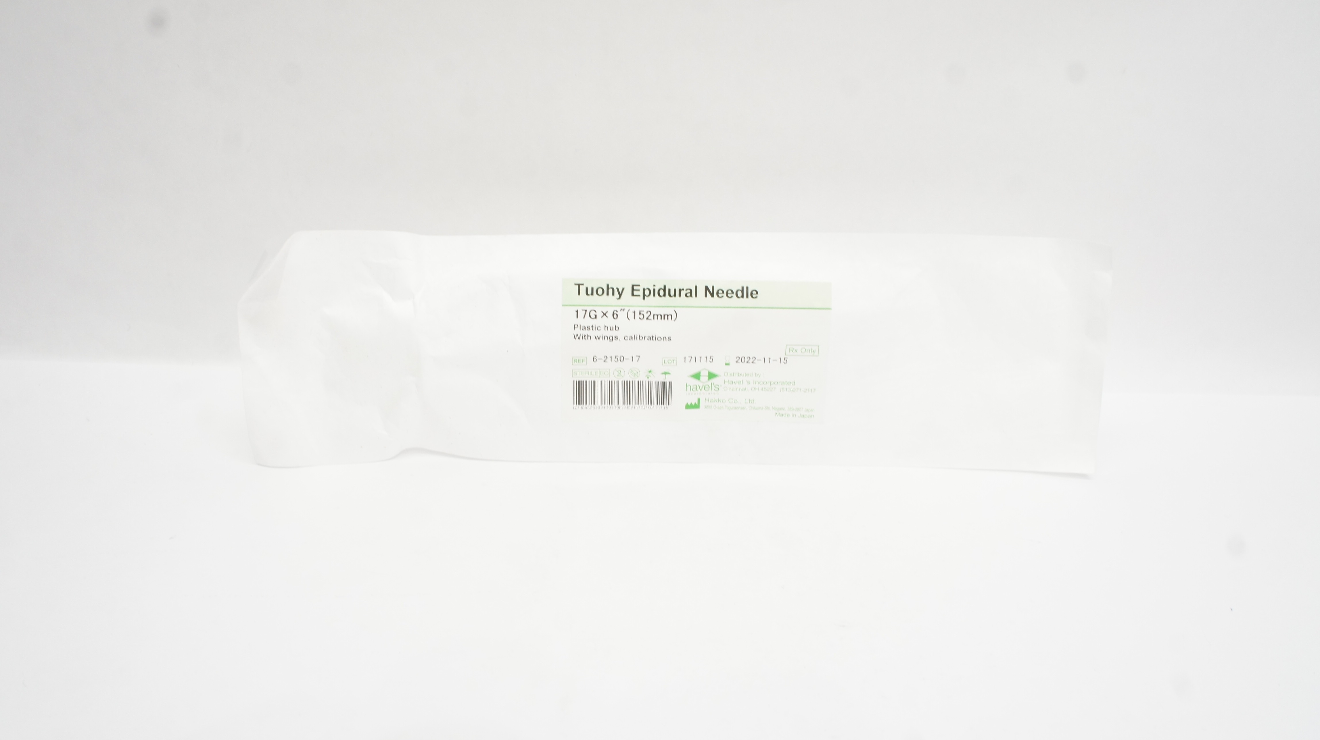 Hakko 6-2150-17 Havel's Tuohy Epidural Ndle 17G x 6inch (x)