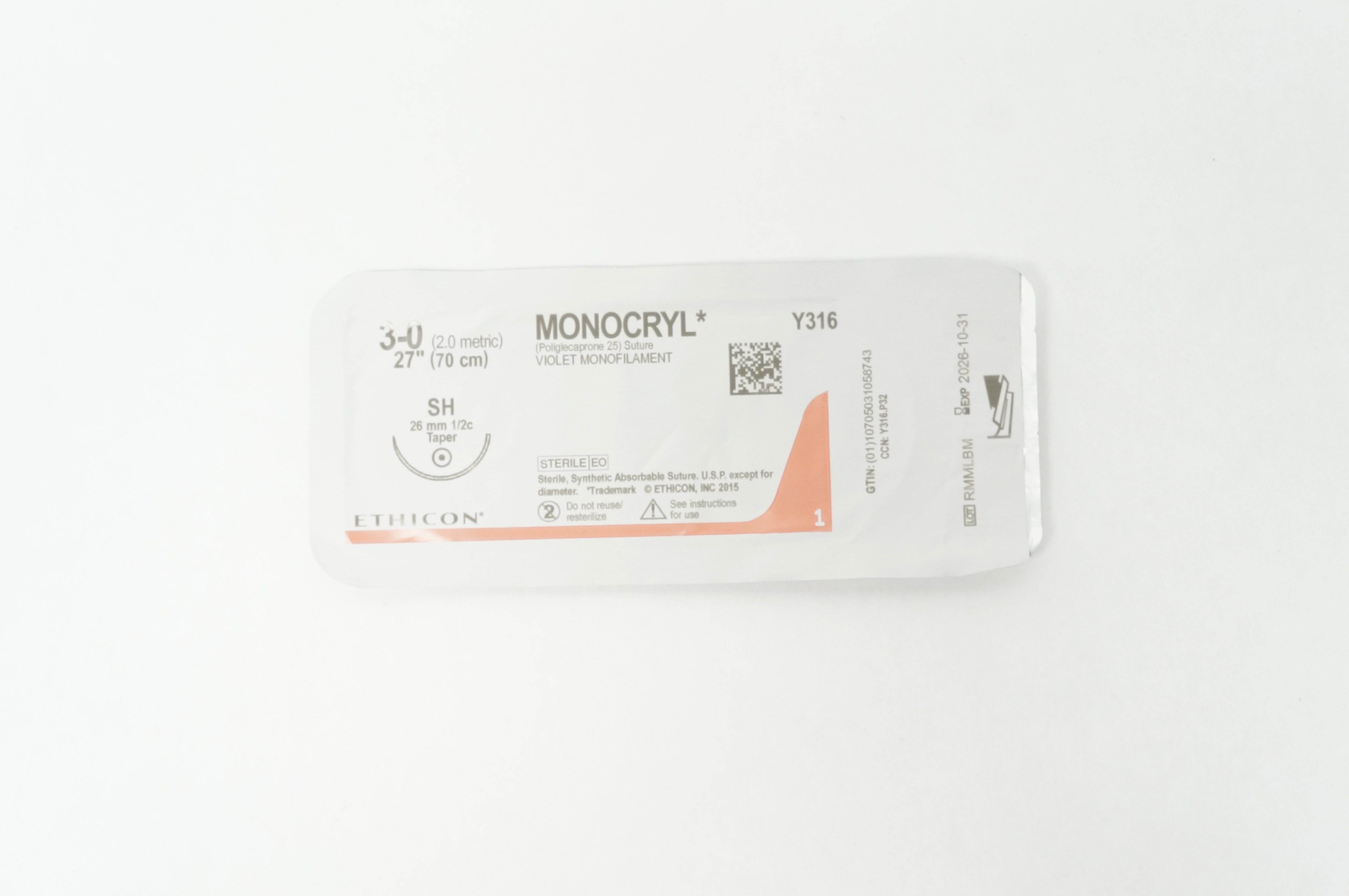Ethicon Y316 3-0 Monocryl Stre Violet Monofilament, SH 26mm 1/2c Taper, 27 inch