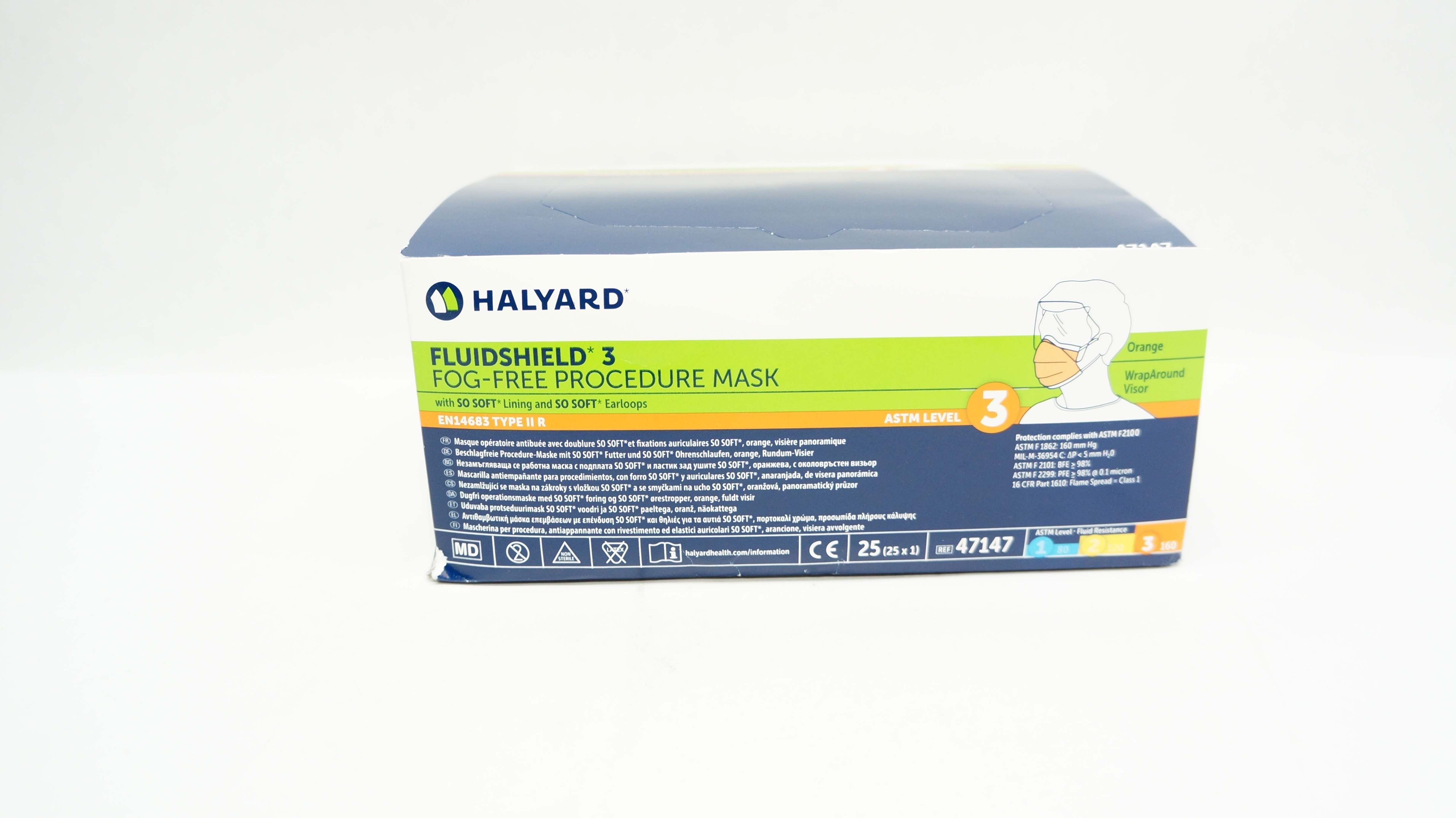 Halyard 47147 FLUIDSHIELD Level 3 FogFree Procedure Mask Box of 25