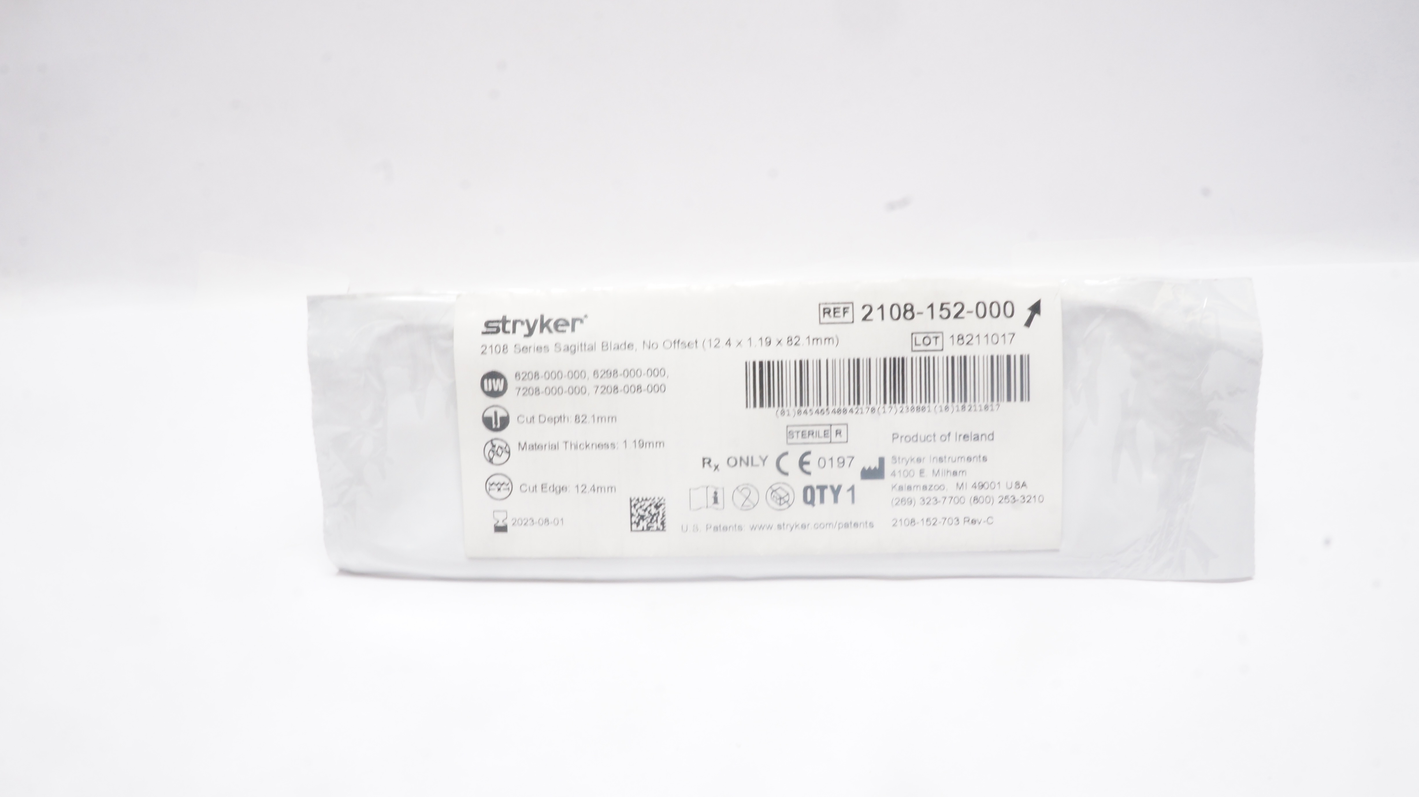 Stryker 2108-152-000, 2108 Sagittal Blade, No Offset 12.4 x 1.19 x 82.1mm (x)
