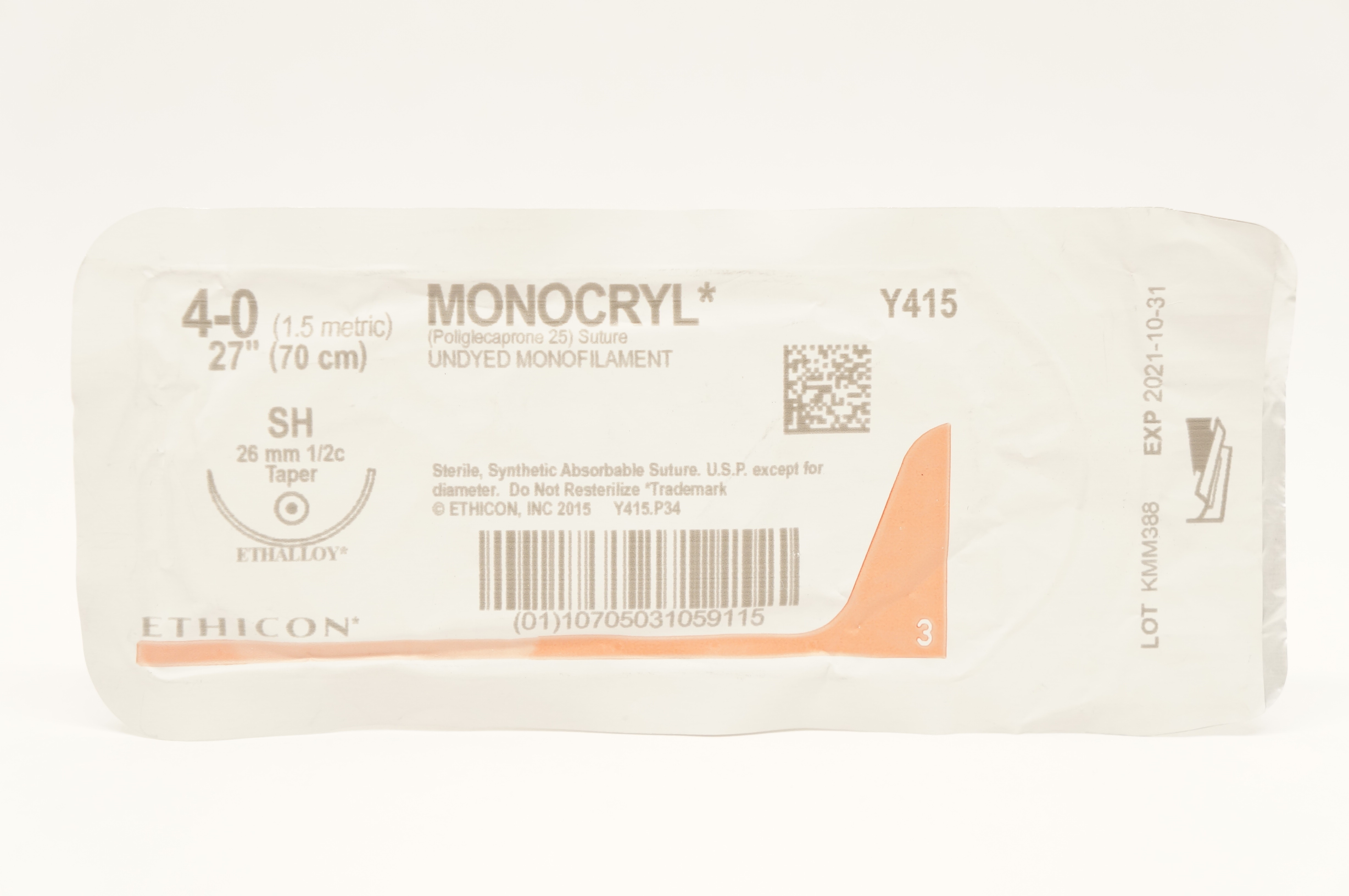 Ethicon Y415 4-0 Monocryl Poliglecaprone 25 Stre SH 26mm 1/2c Taper 27 inch (x)
