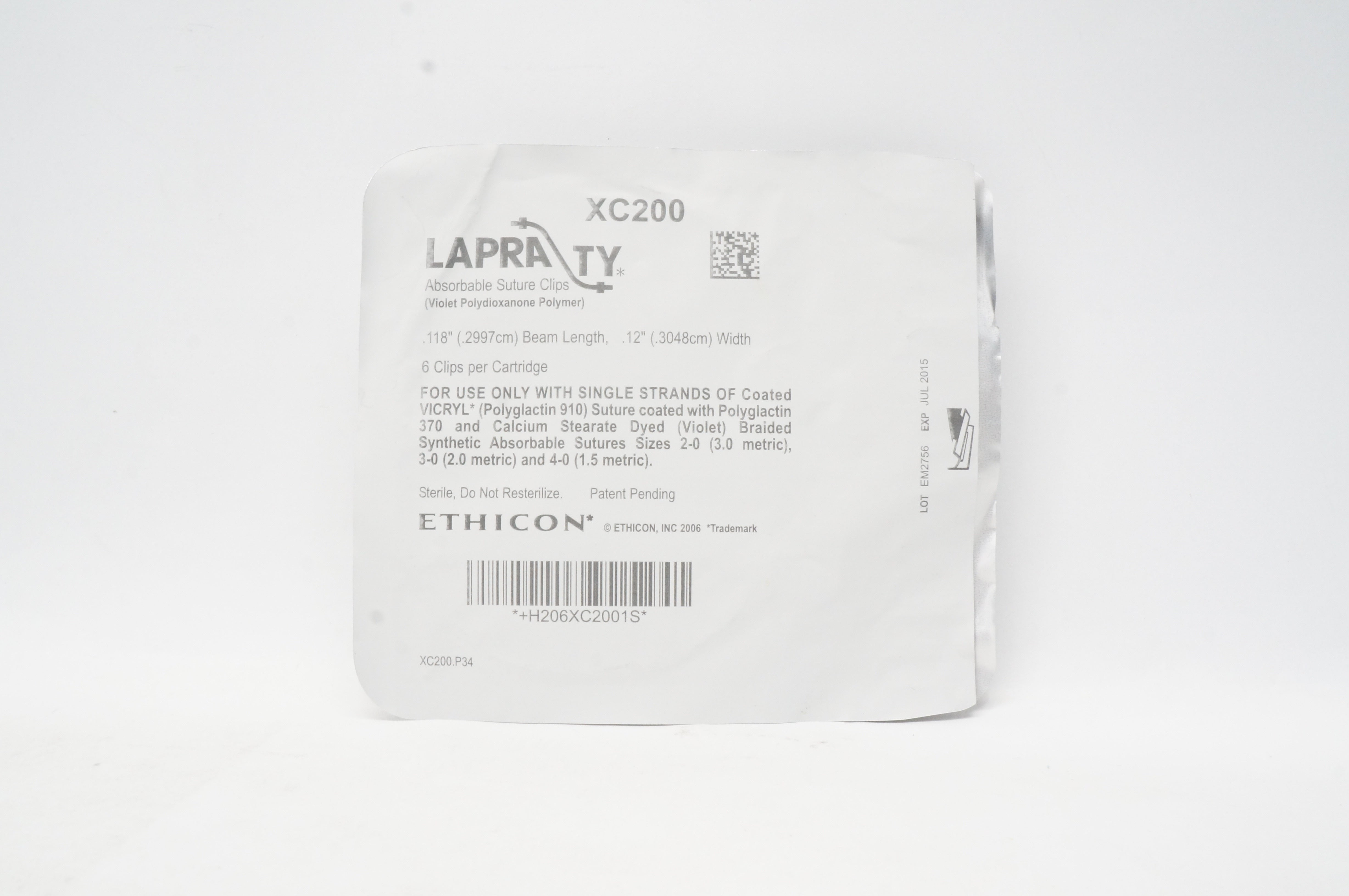 Ethicon XC200 LAPRATY Absorbable Stre Clips 0.118inch x 0.12inch - Pack of 6 (x)