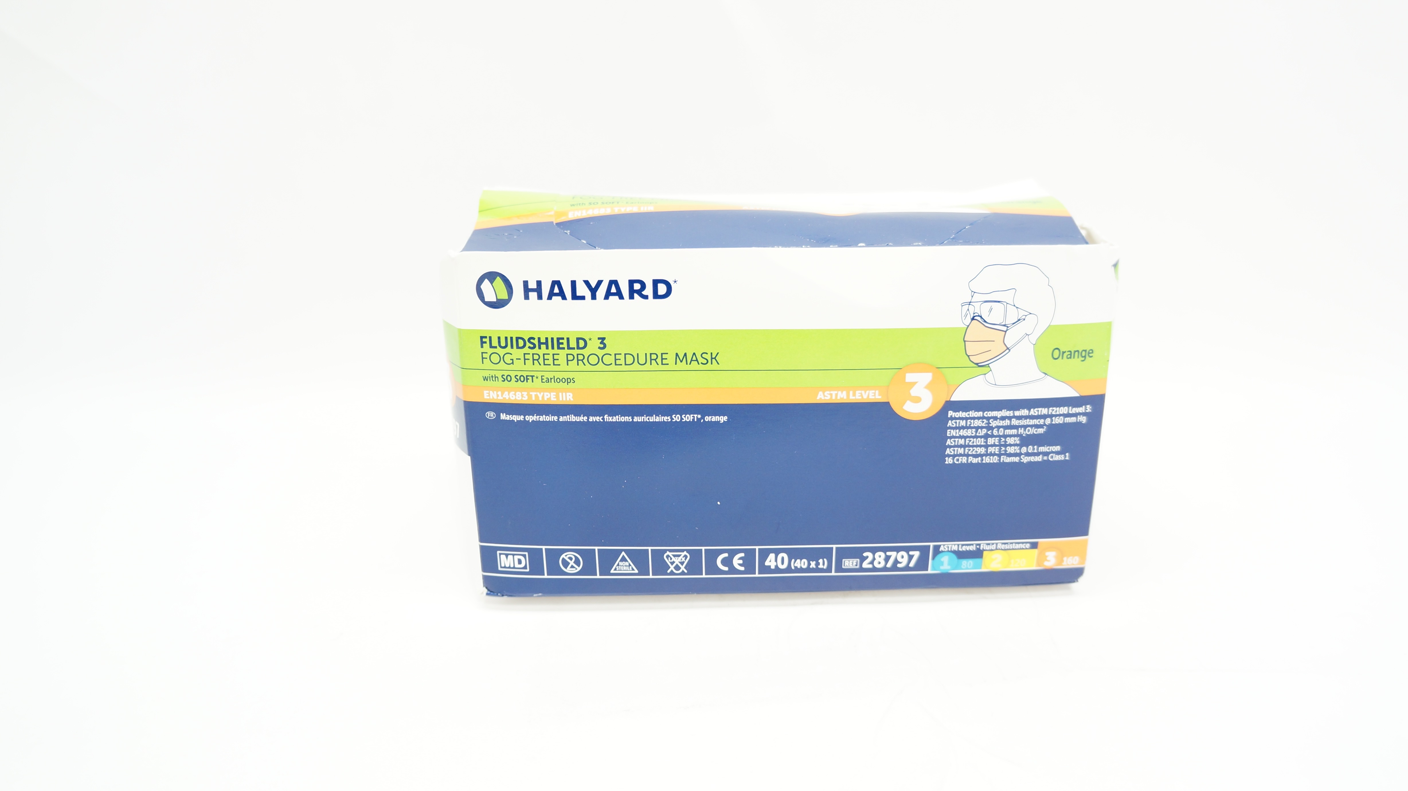 Halyard 28797 Fluidshield 3 Fog-Free Procedure Mask, Level 3, Orange - Box of 40