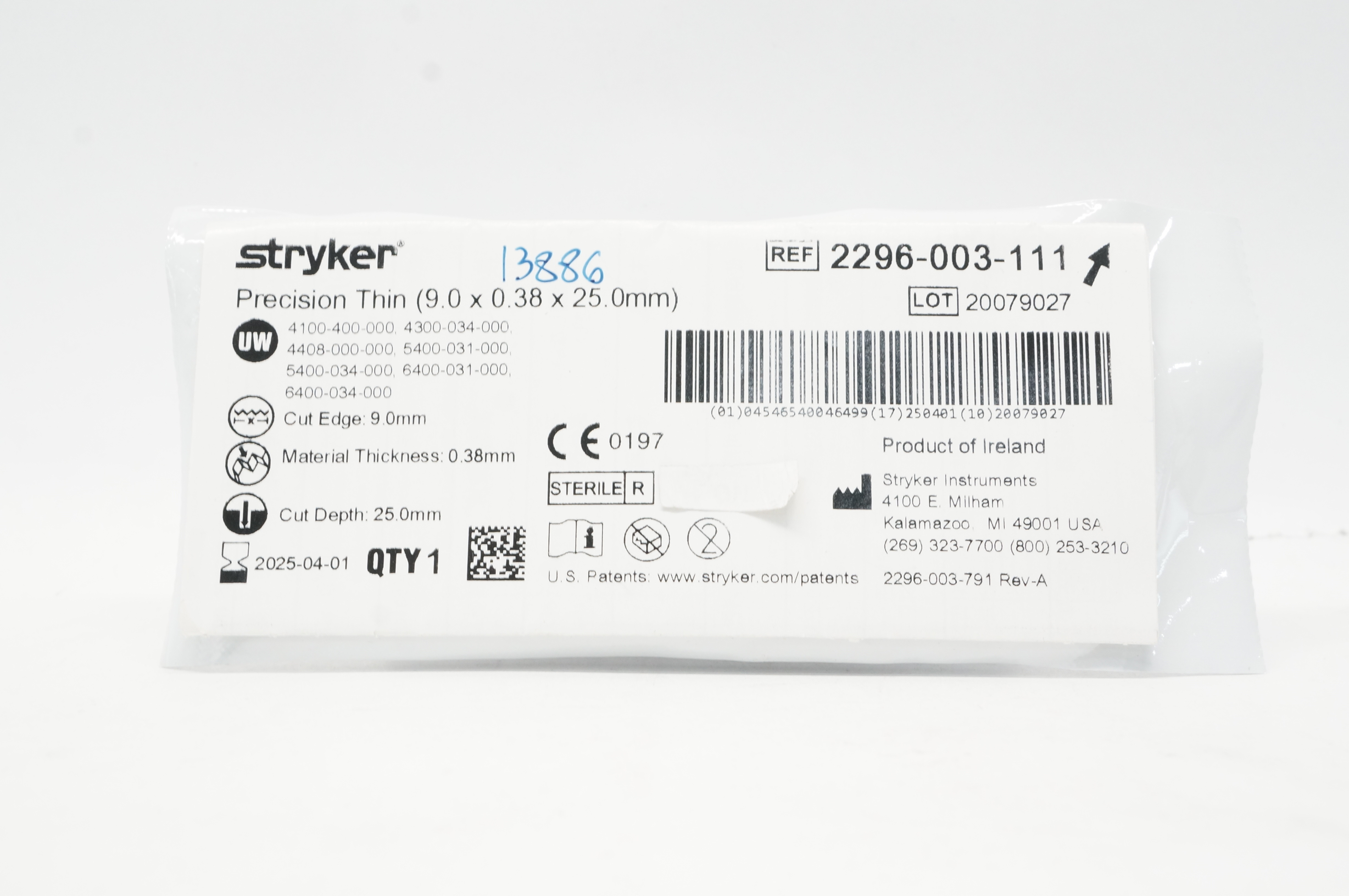 Stryker 2296-003-111 Precision Thin 9.0 x 0.38 x 25.0mm
