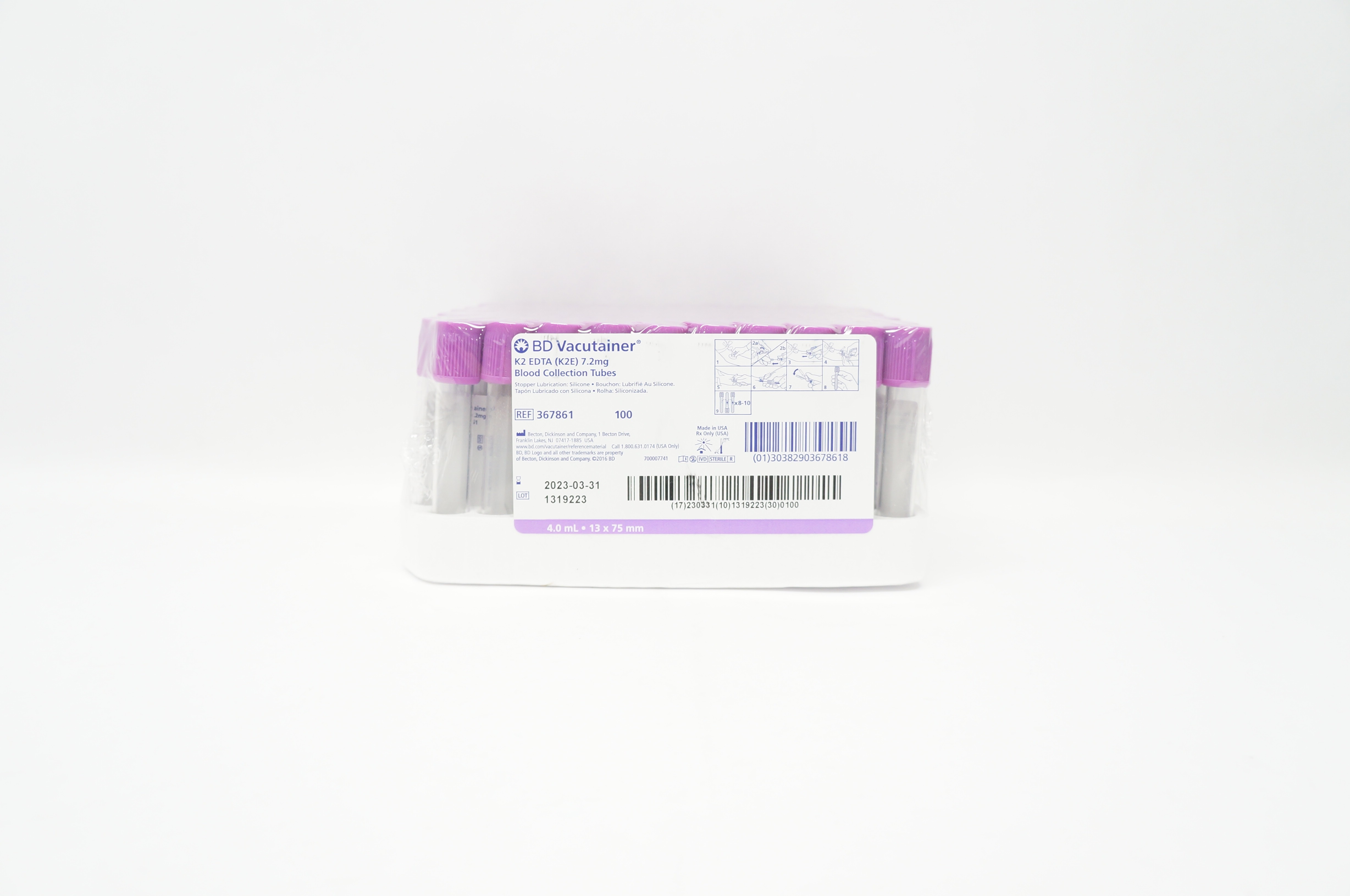 BD 367861 Vacutainer K2 EDTA 7.2mg Blood Collection Tubes Pack of 100