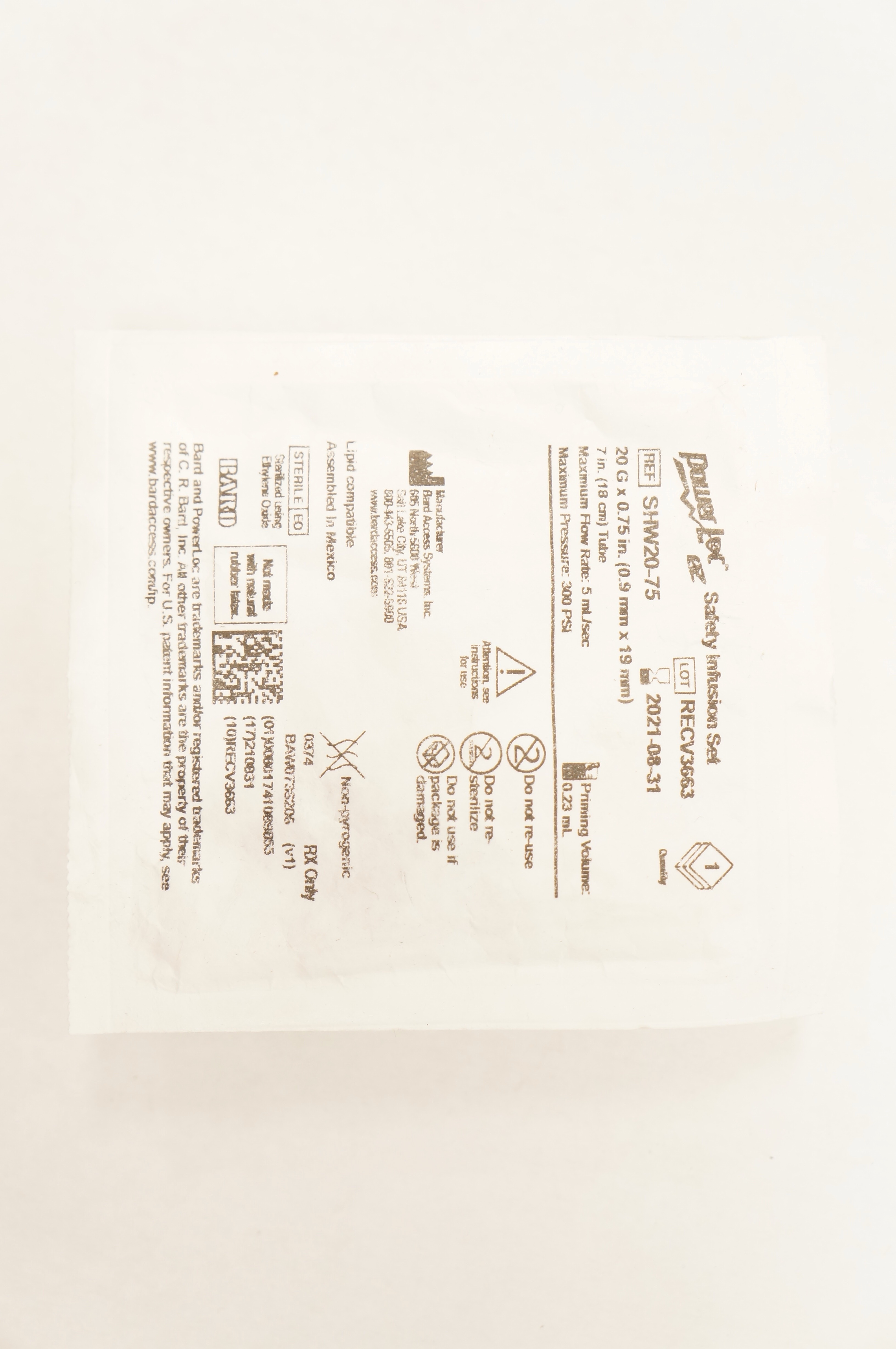 Bard SHW20-75 Power Loc Safety Infusion Set 20G x 0.75 inch, Prim.Vol. 0.23mL(x)