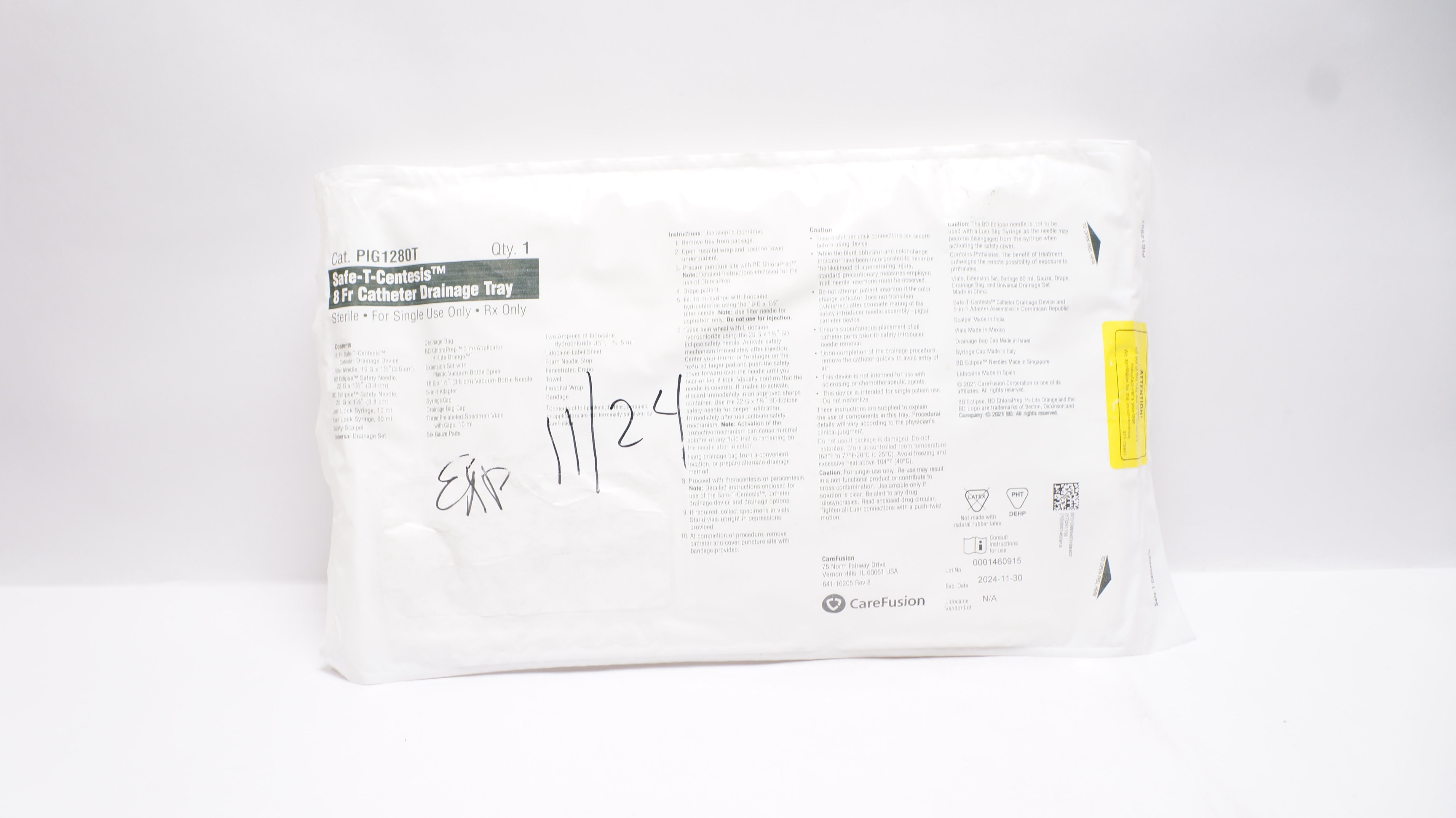 CareFusion PIG1280T Safe-T-Centesis 8Fr. Cath. Drainage Tray