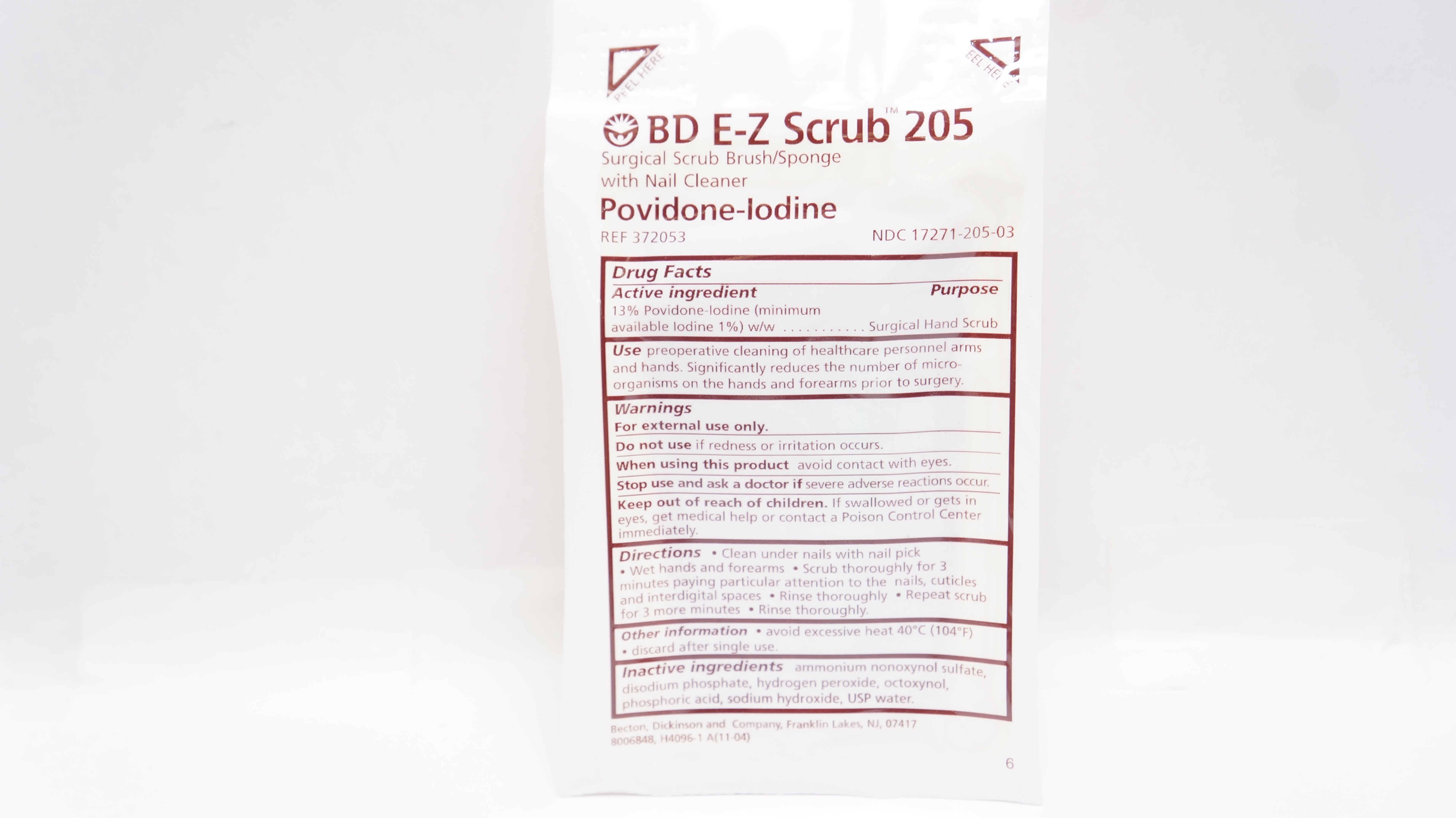 BD 372053 E-Z 205 Surgical Scrub Brush/Sponge and Nail Cleaner Povidone-Iodine