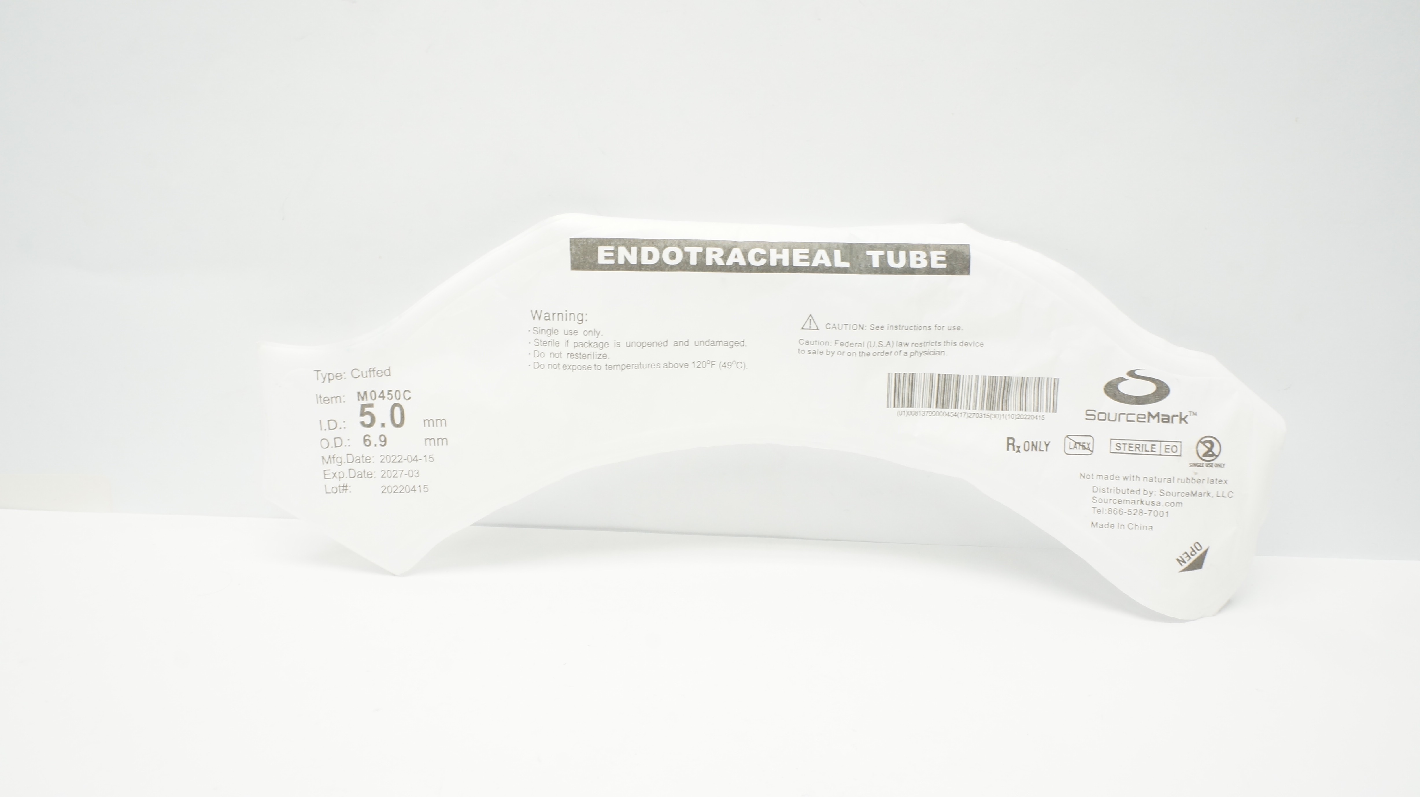 SourceMark M0450C Endotracheal Cuffed Tube 5.0mm I.D. x 6.9mm O.D.