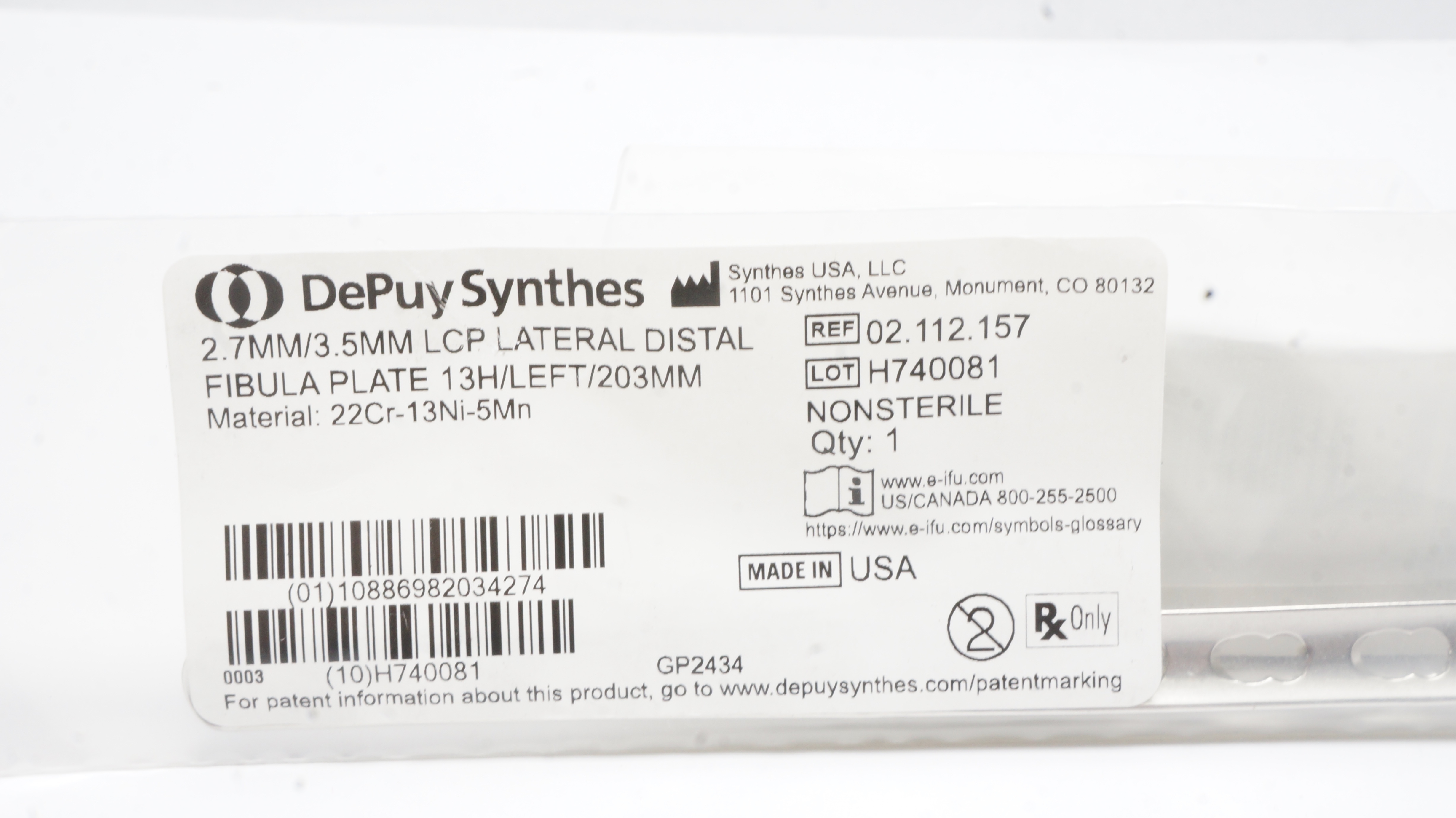 DePuy Synthes 02.112.157 2.7/3.5mm LCP Lateral Distal Fibula Plate 13H