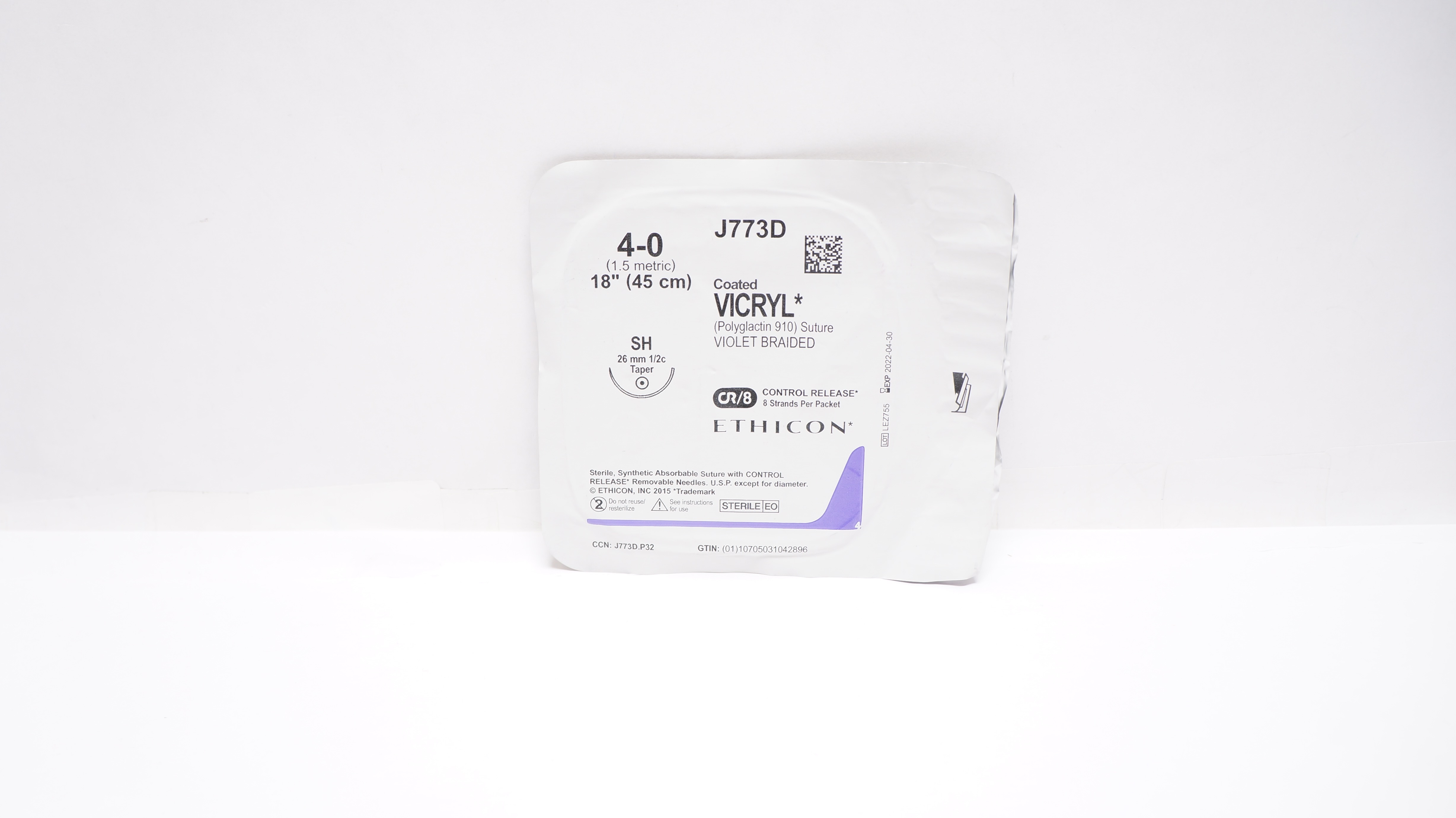 Ethicon J773D 4-0 Coated VICRYL SH 26mm 1/2c Taper, 18inch (x)