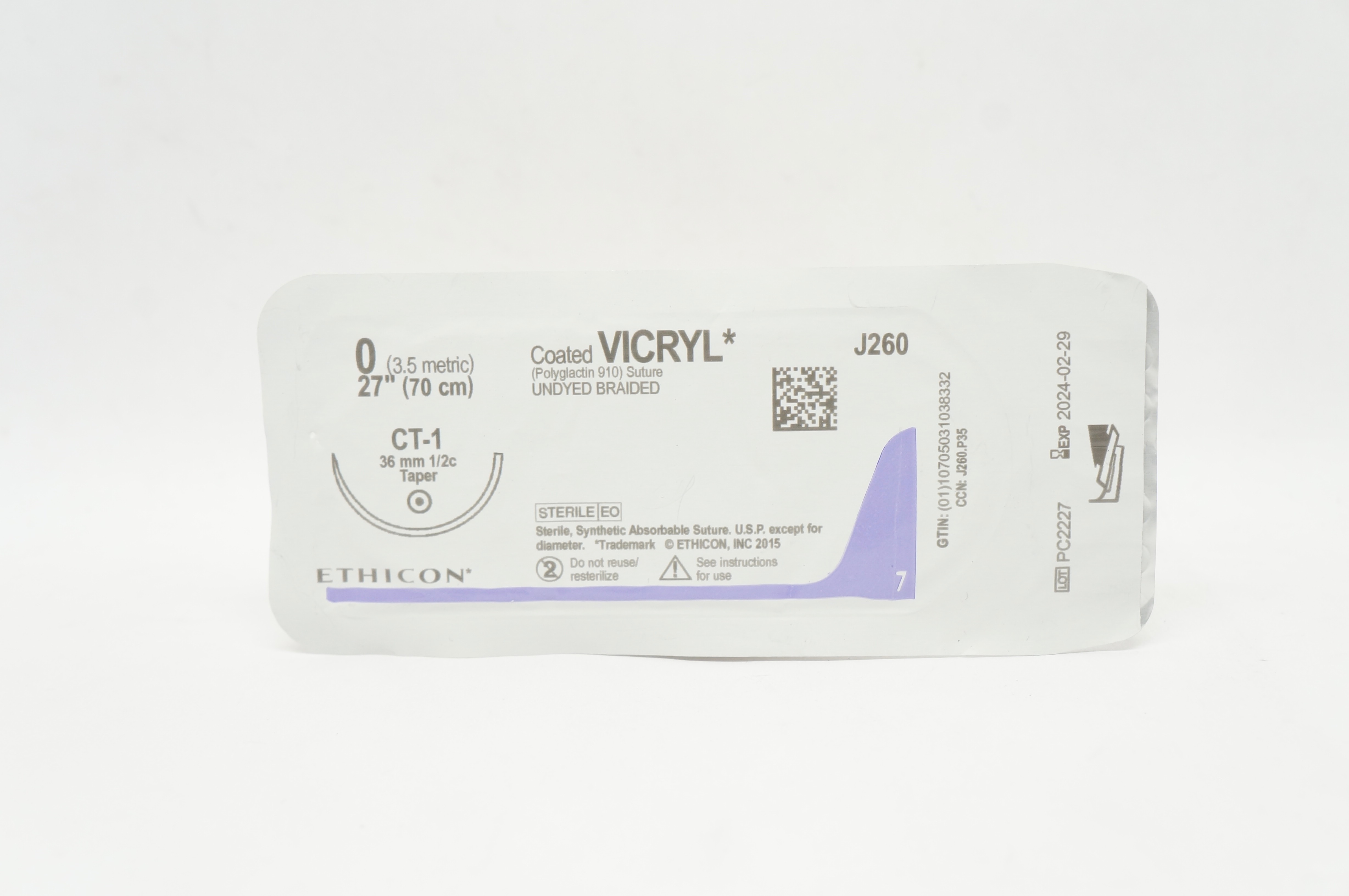 Ethicon J260 0 Coated VICRYL Stre, Undyed Braided CT-1 36mm 1/2c Taper, 27inch