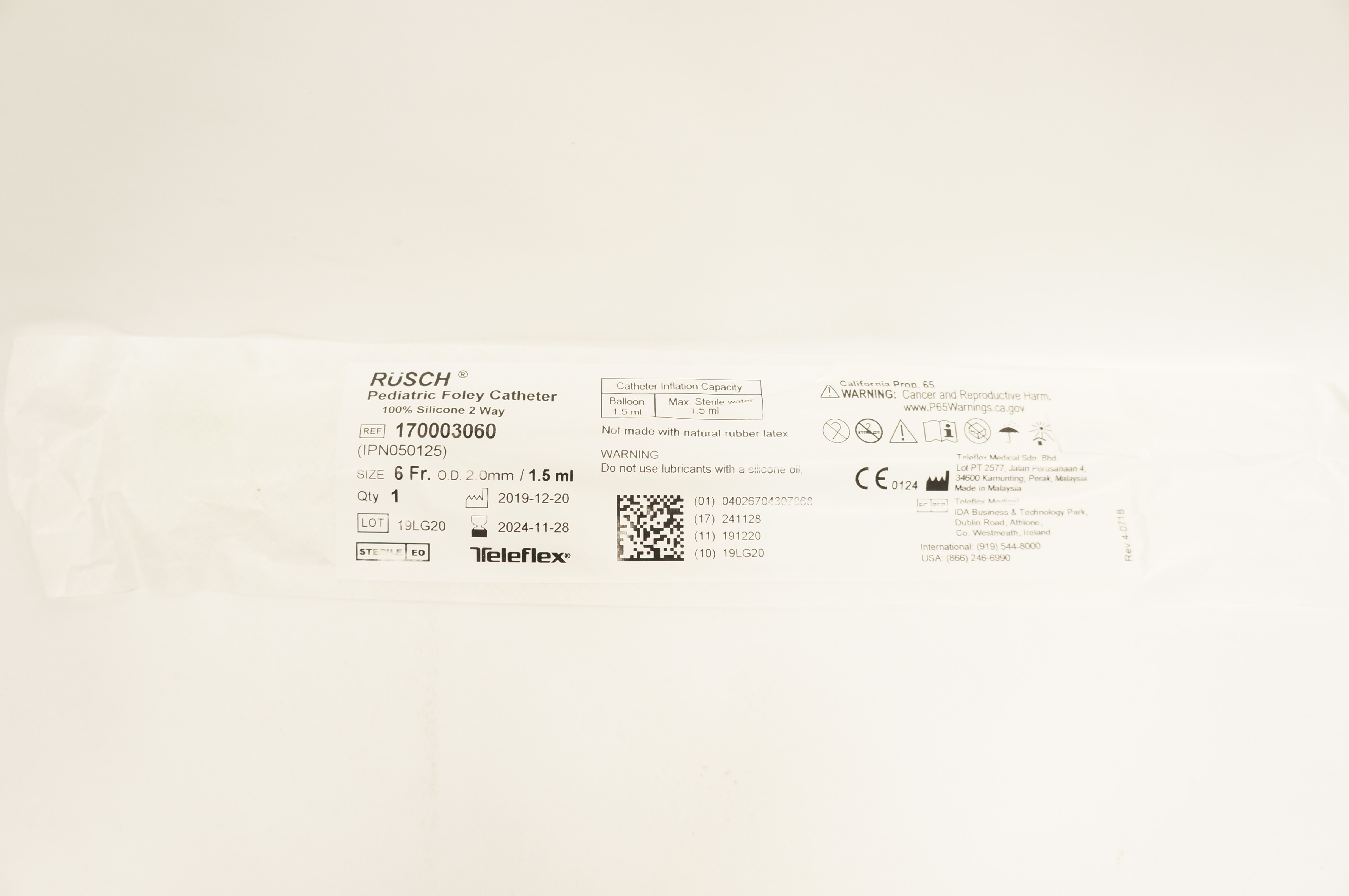 Teleflex 170003060 RUSCH Pediatric Foley Cath. 6Fr x 2.0mm O.D. x 1.5ml