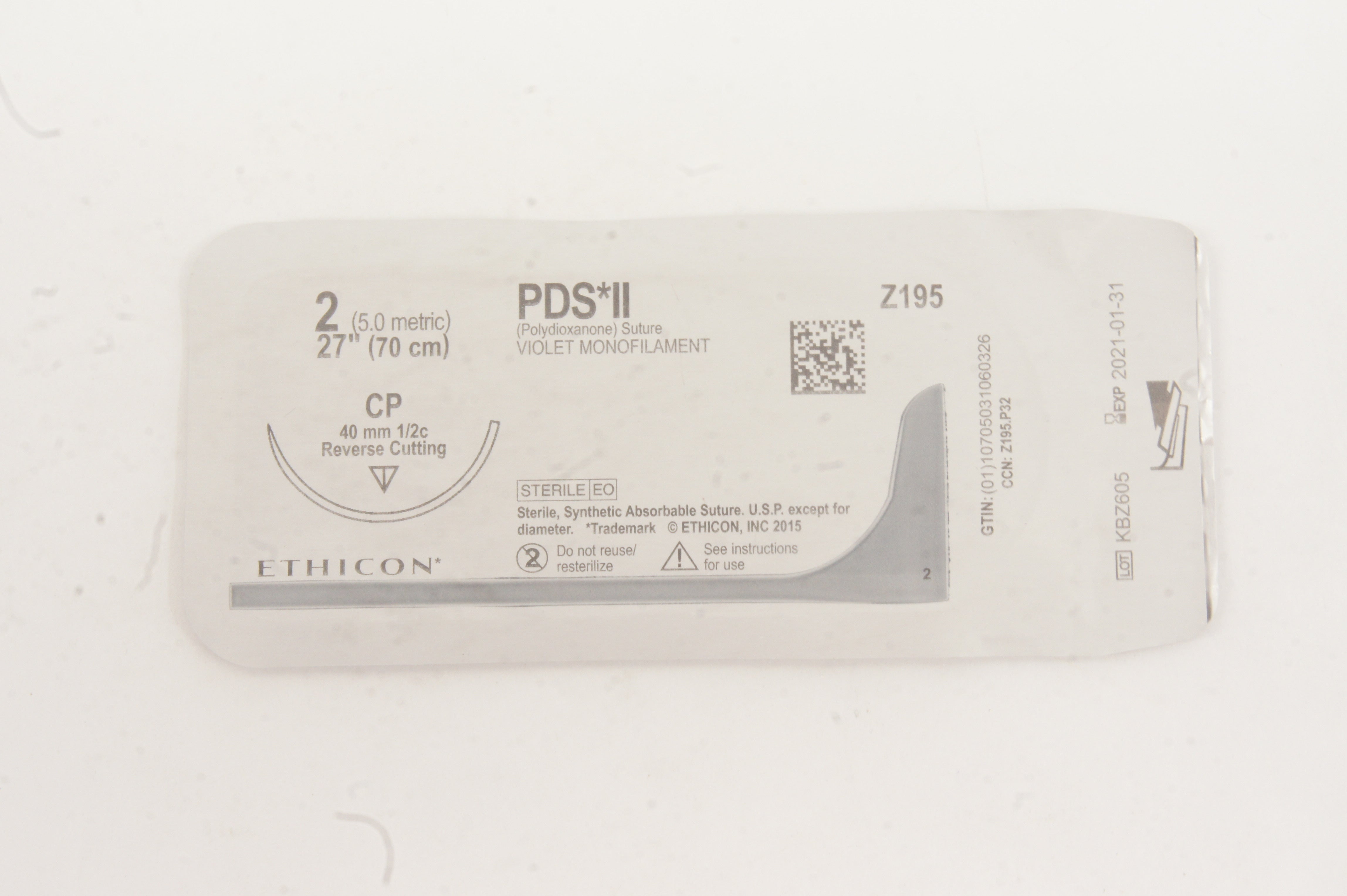 Ethicon Z195 2 PDS II, CP,  Reverse Cutting 40mm 1/2c, 27inch(x)