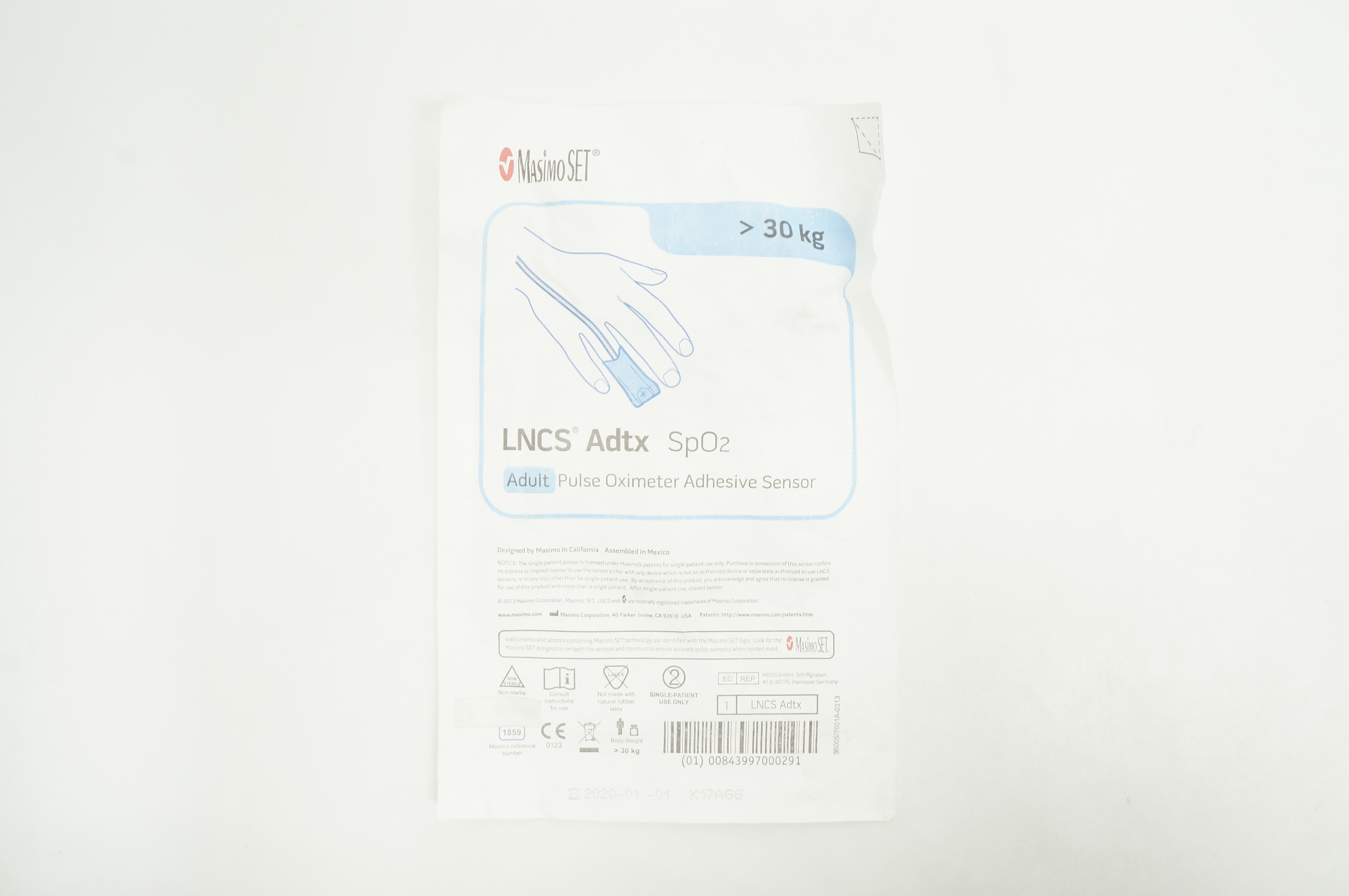 Masimo 1859 LNCS Adtx SpO2 Adult Pulse Oximeter Adhesive Sensor  >30 kg (x)