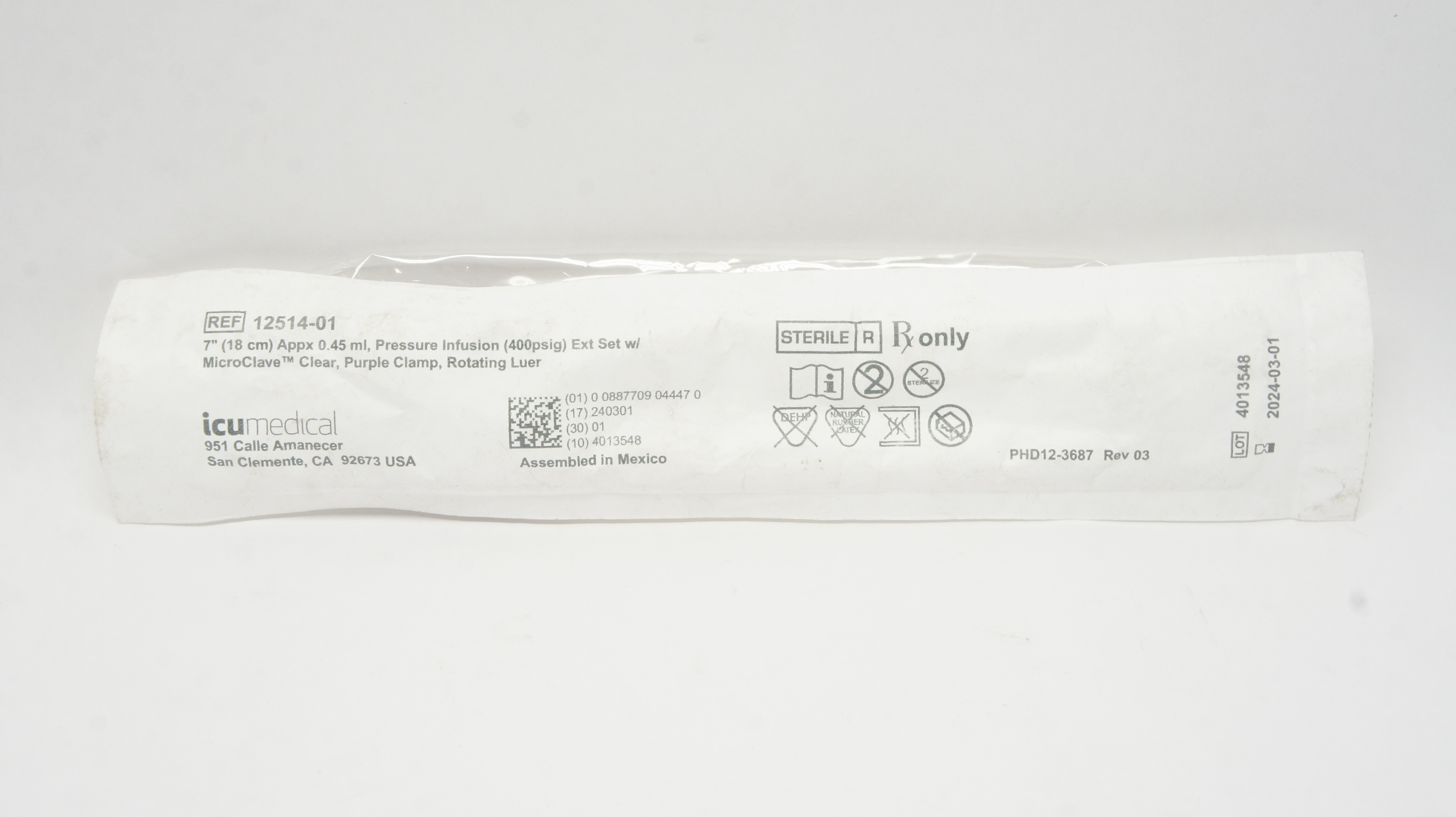 ICU Medical 12514-01 Pressure Infusion Extension Set  7inch x 0.45mL