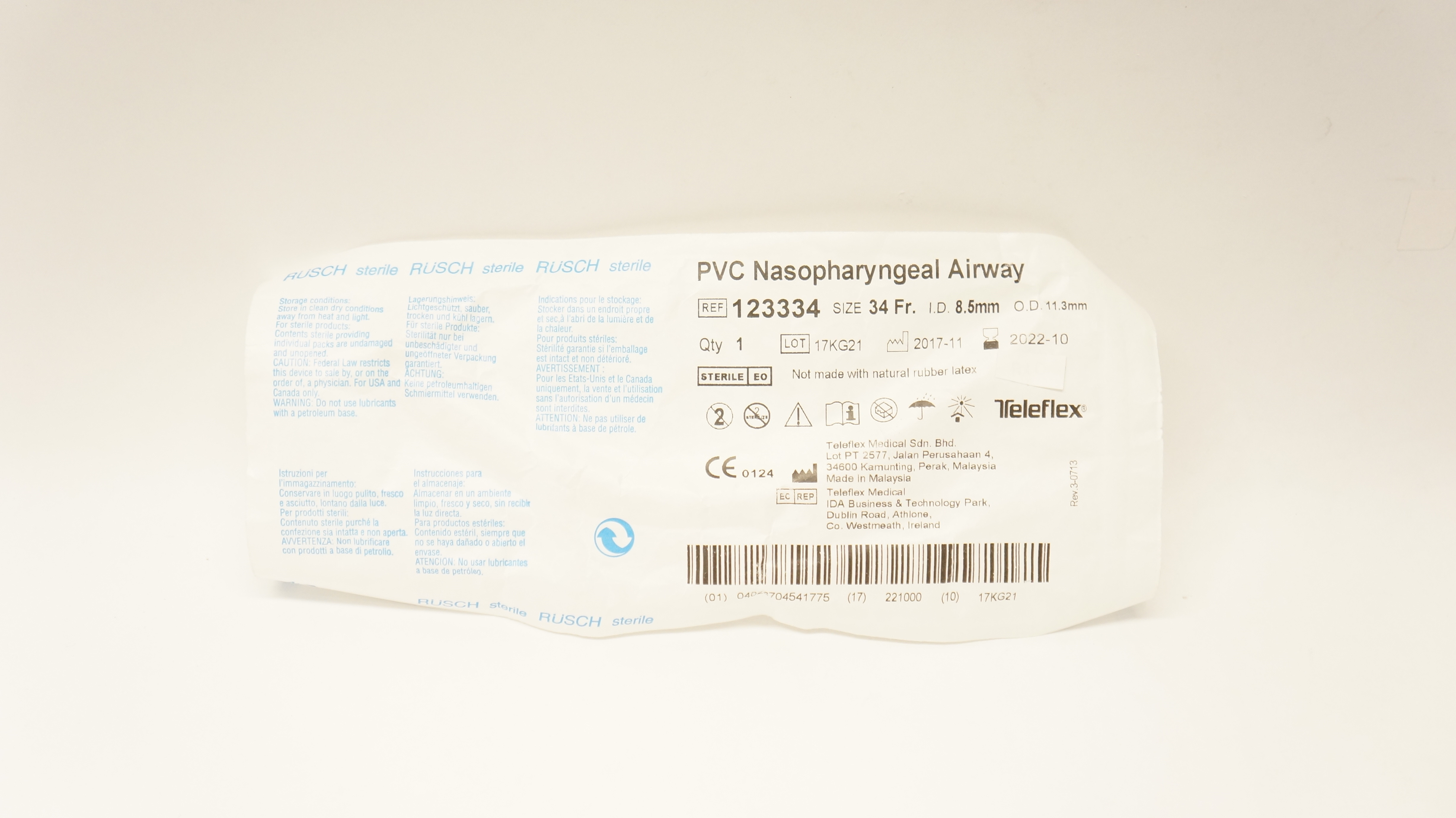 Teleflex 123334 Rusch PVC Nasopharyngeal Airway 34 Fr. 8.5mm I.D. x 11.3mm O.D.