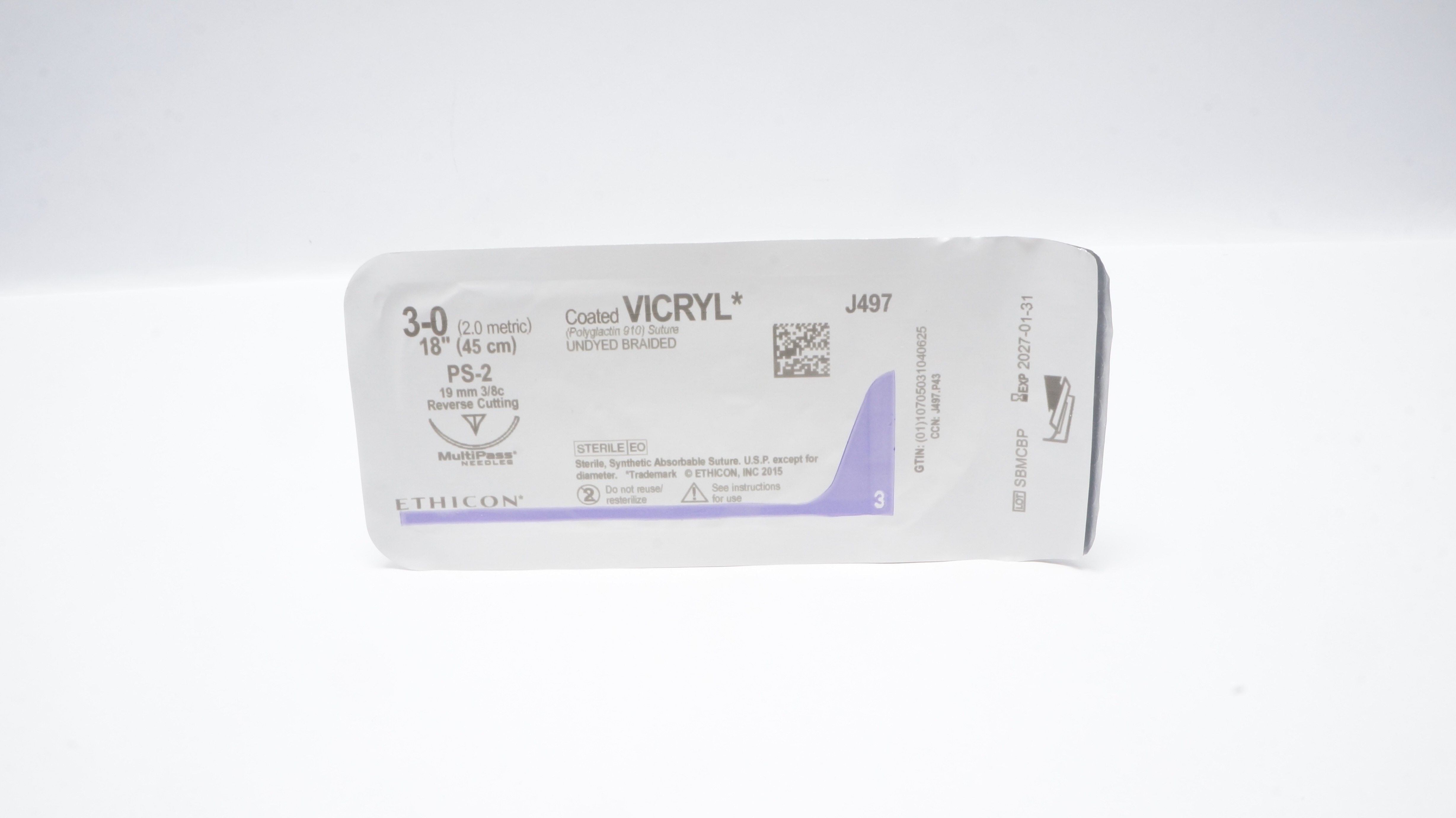 Ethicon J497 3-0 Coated VICRYL Stre PS-2 19mm 3/8c Reverse Cutting 18 inch