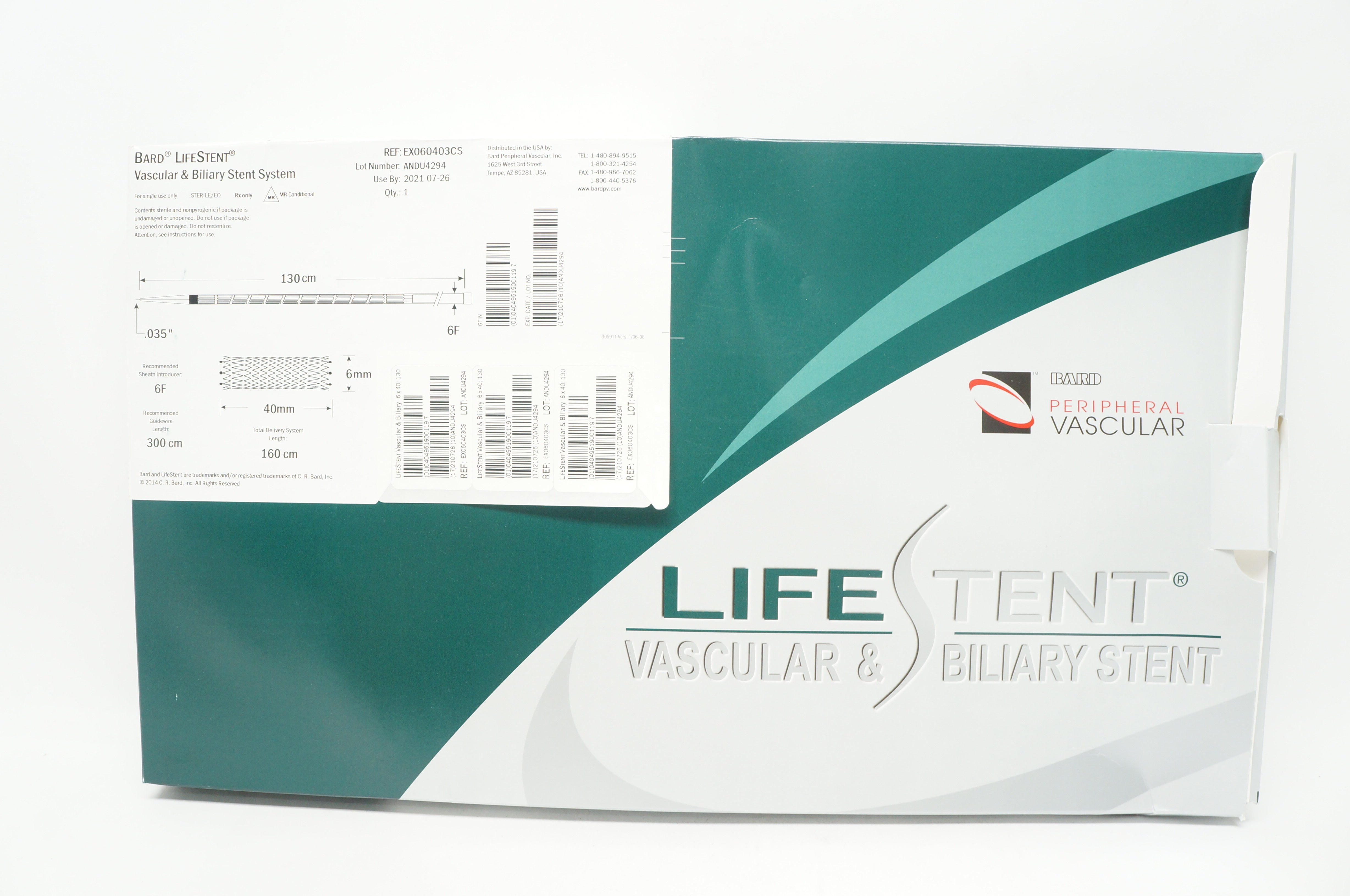 Bard EX060403CS LifeStent Vascular&Biliary Stnt System 6F x 130cm x .035inch(x)